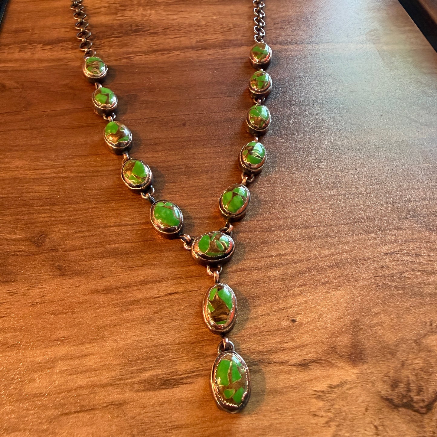 Handcrafted Green Turquoise Dahlia Necklace With Copper Chain 18 Inch