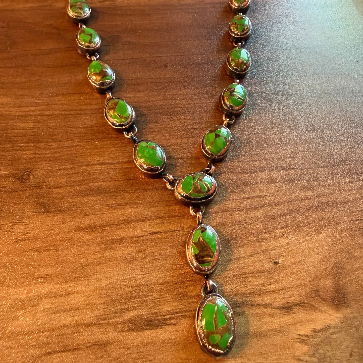 Handcrafted Green Turquoise Dahlia Necklace With Copper Chain 18 Inch