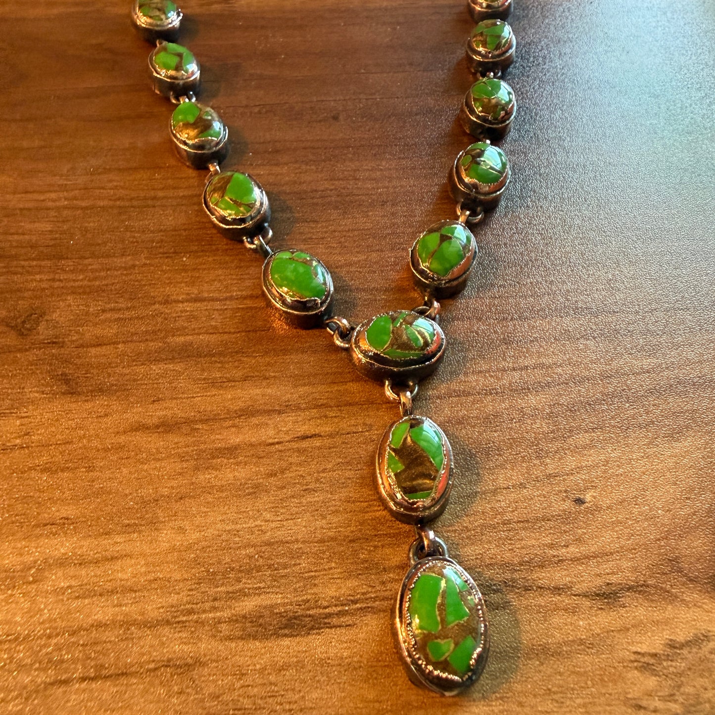 Handcrafted Green Turquoise Dahlia Necklace With Copper Chain 18 Inch