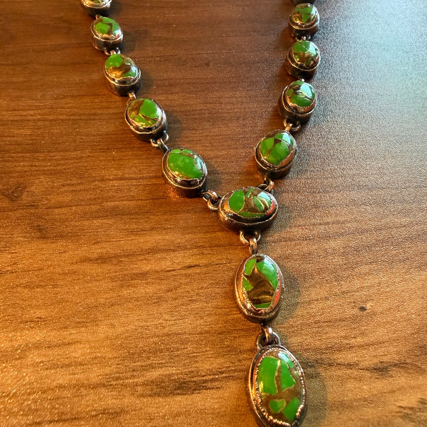 Handcrafted Green Turquoise Dahlia Necklace With Copper Chain 18 Inch