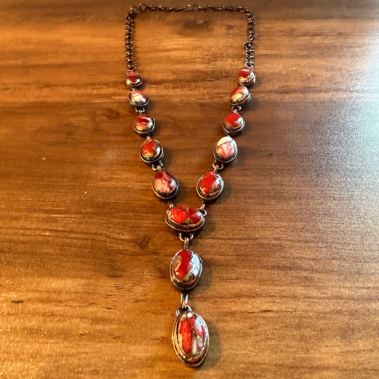 Handcrafted Red Rose Dahlia Gemstone Necklace With Copper Chain 18 Inch