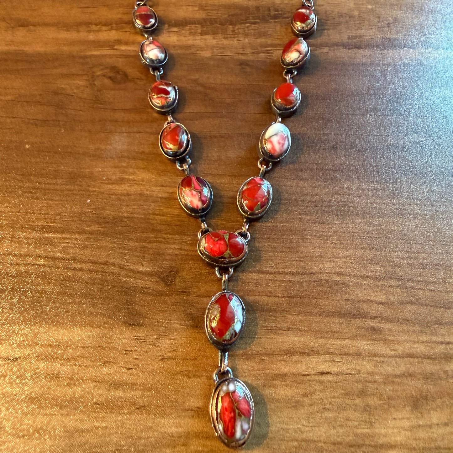 Handcrafted Red Rose Dahlia Gemstone Necklace With Copper Chain 18 Inch