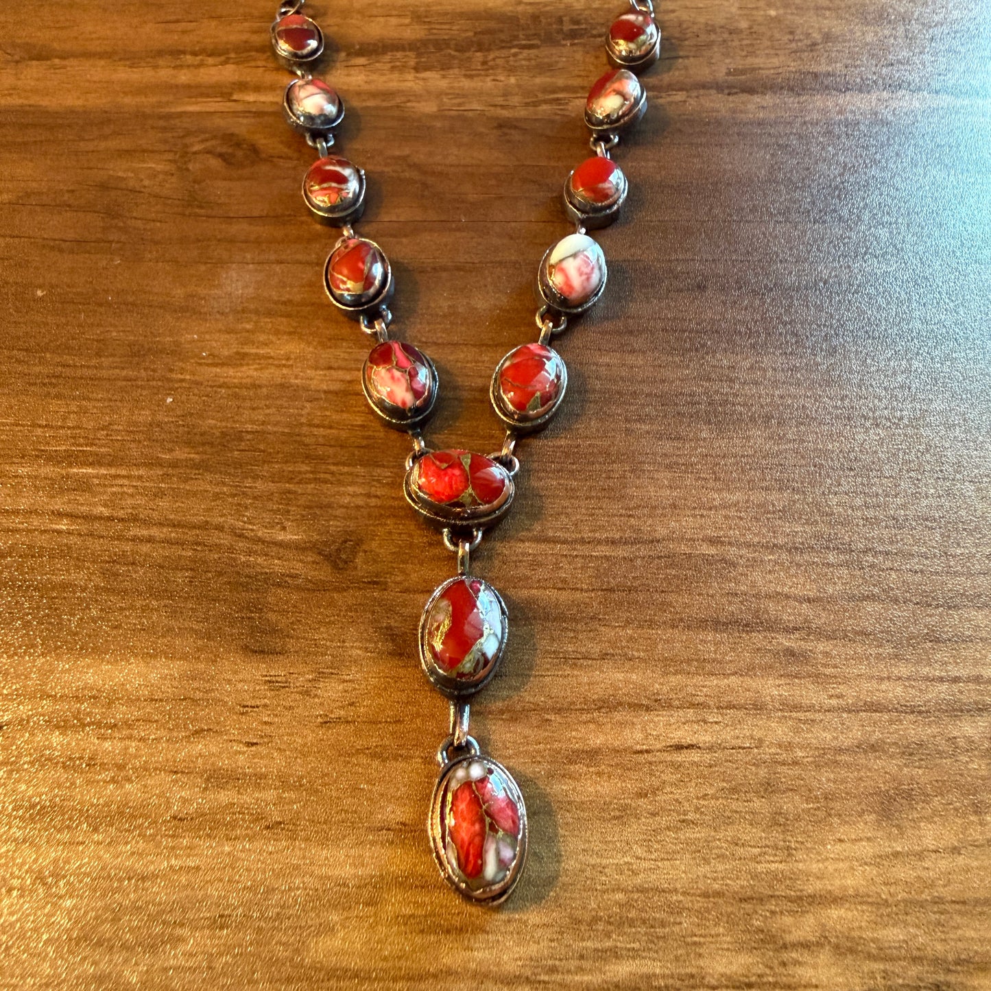 Handcrafted Red Rose Dahlia Gemstone Necklace With Copper Chain 18 Inch