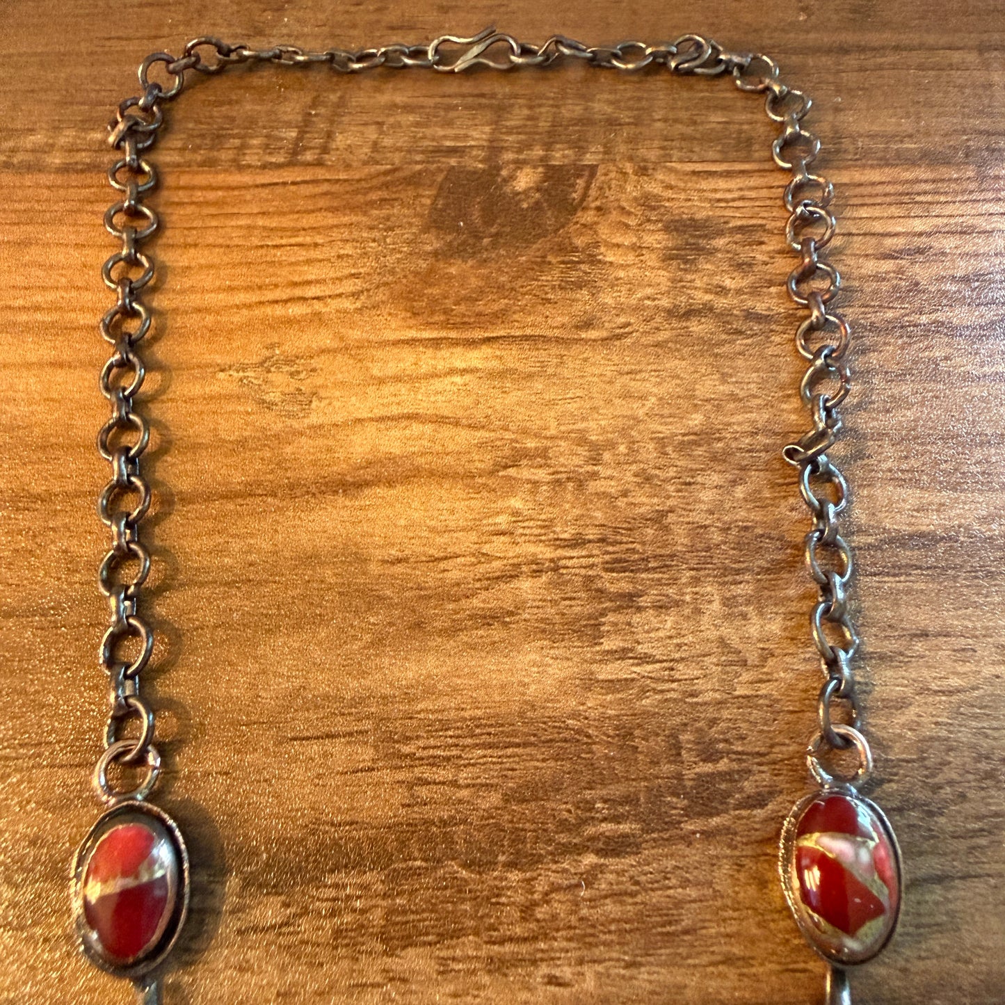 Handcrafted Red Rose Dahlia Gemstone Necklace With Copper Chain 18 Inch