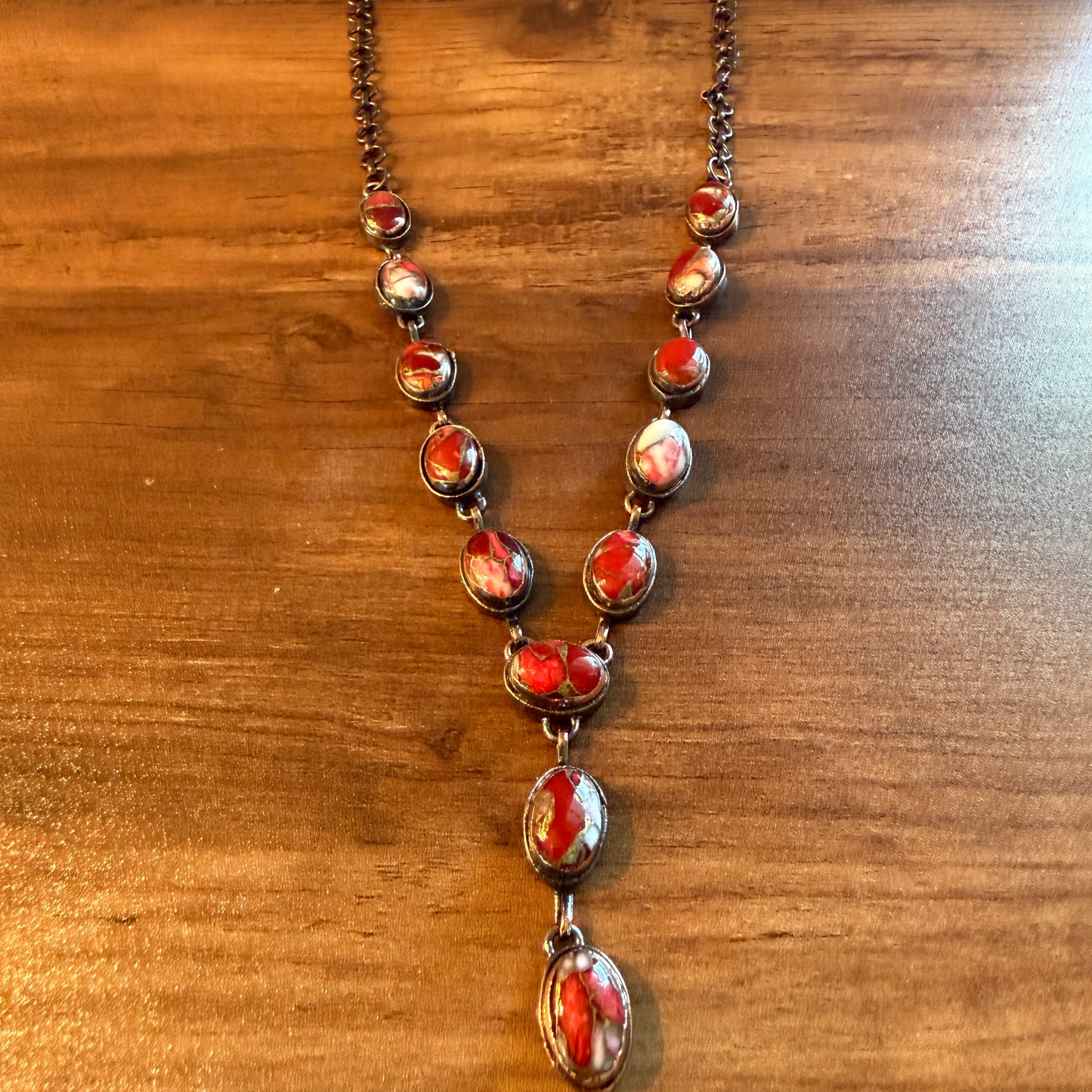 Handcrafted Red Rose Dahlia Gemstone Necklace With Copper Chain 18 Inch