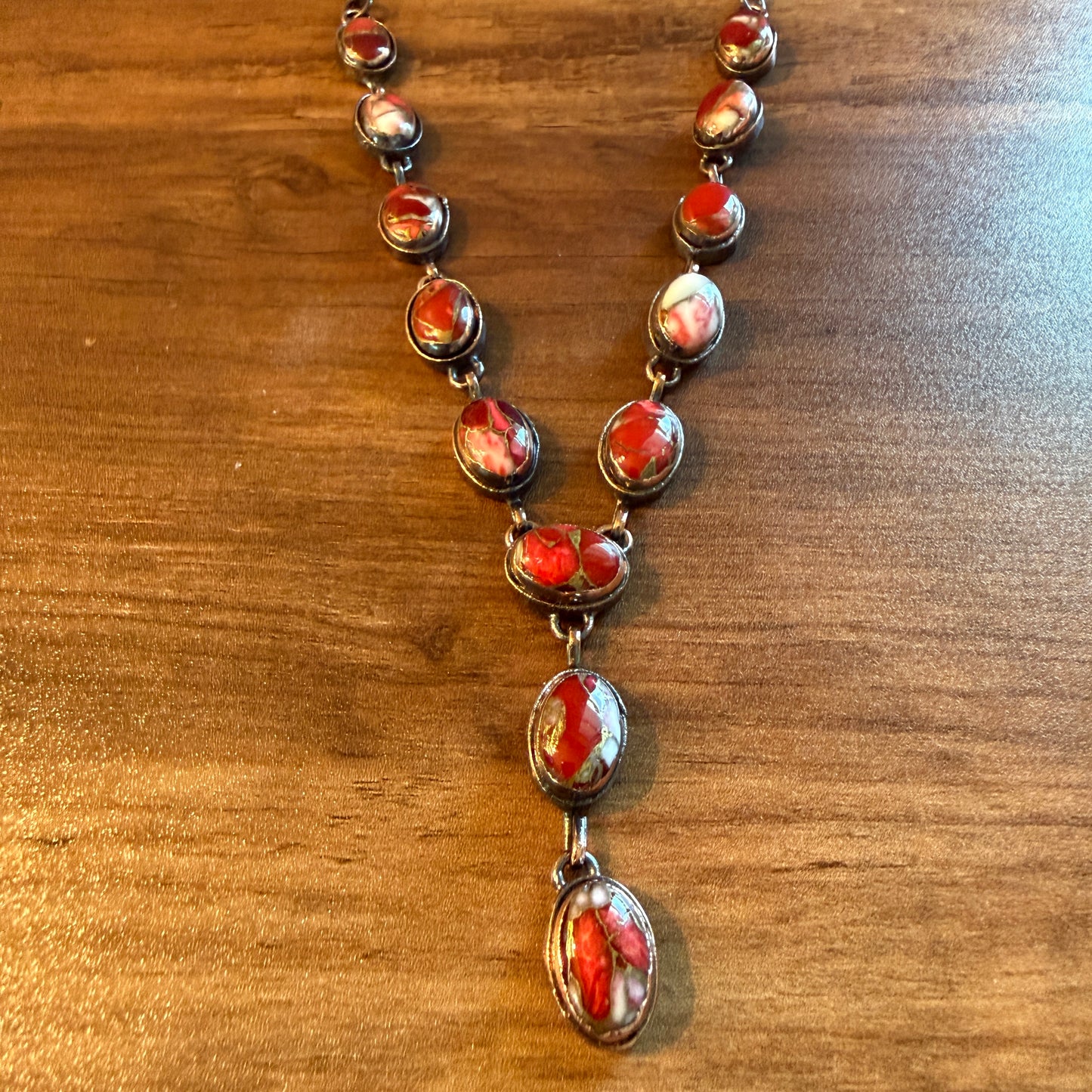 Handcrafted Red Rose Dahlia Gemstone Necklace With Copper Chain 18 Inch