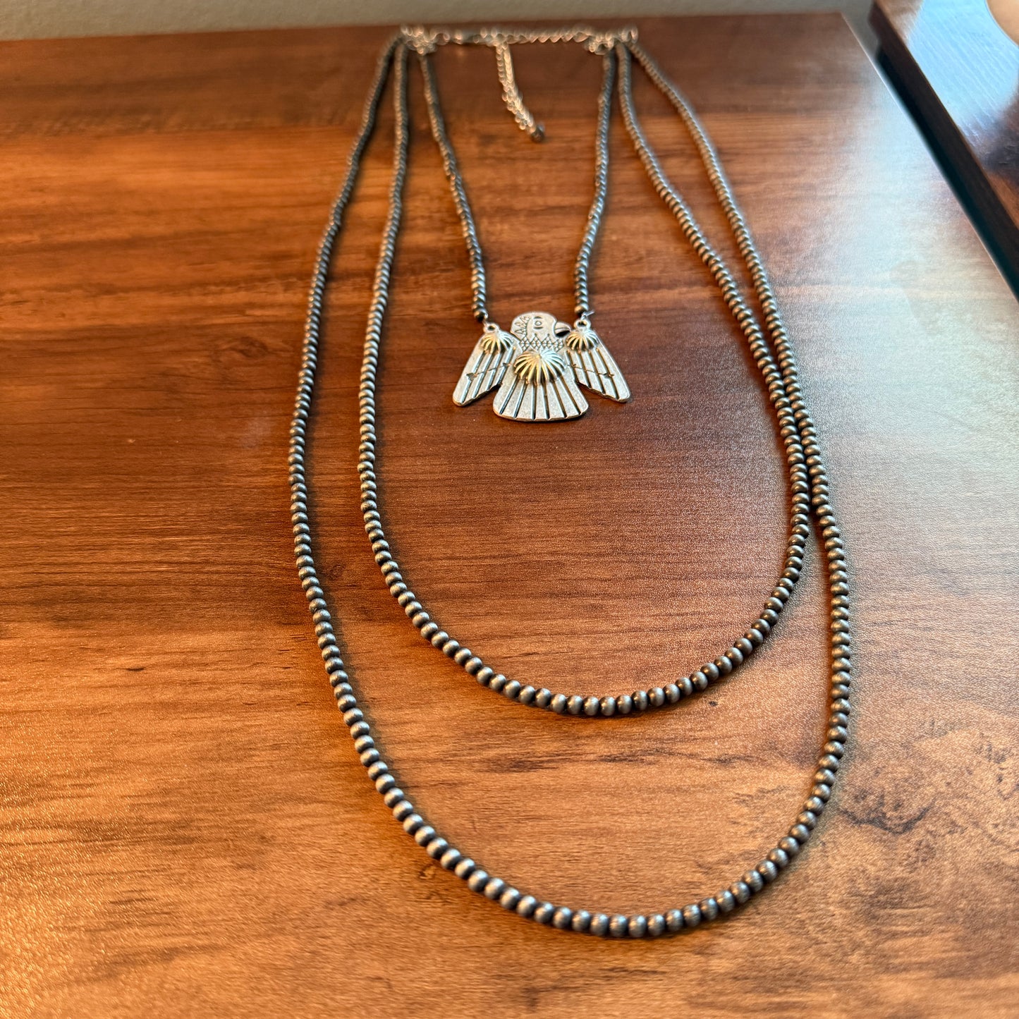 Handmade Thunderbird Necklace Three Strand 4mm Navajo Beads