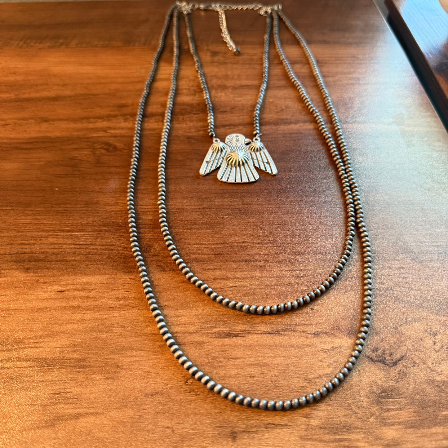 Handmade Thunderbird Necklace Three Strand 4mm Navajo Beads