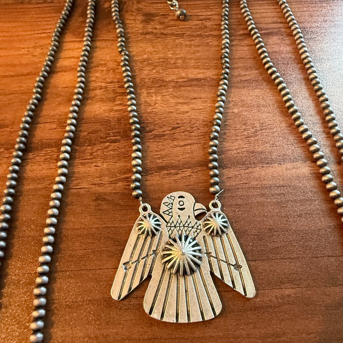 Handmade Thunderbird Necklace Three Strand 4mm Navajo Beads