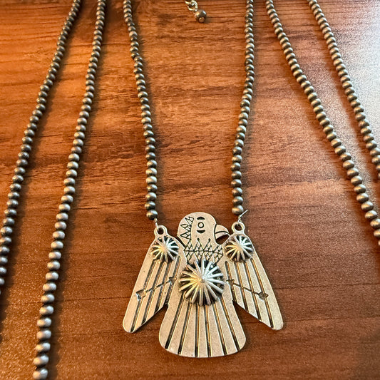 Handmade Thunderbird Necklace Three Strand 4mm Navajo Beads