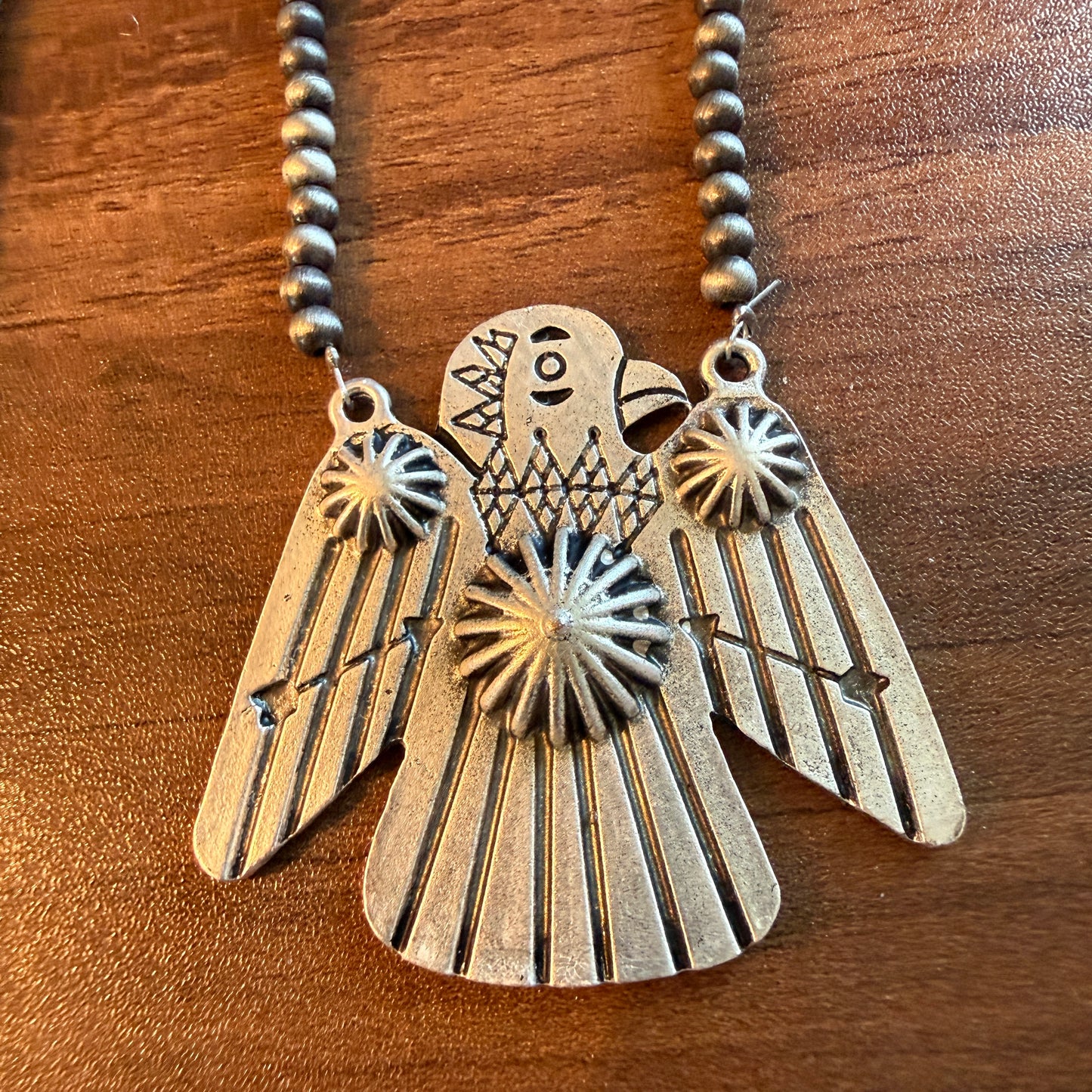 Handmade Thunderbird Necklace Three Strand 4mm Navajo Beads