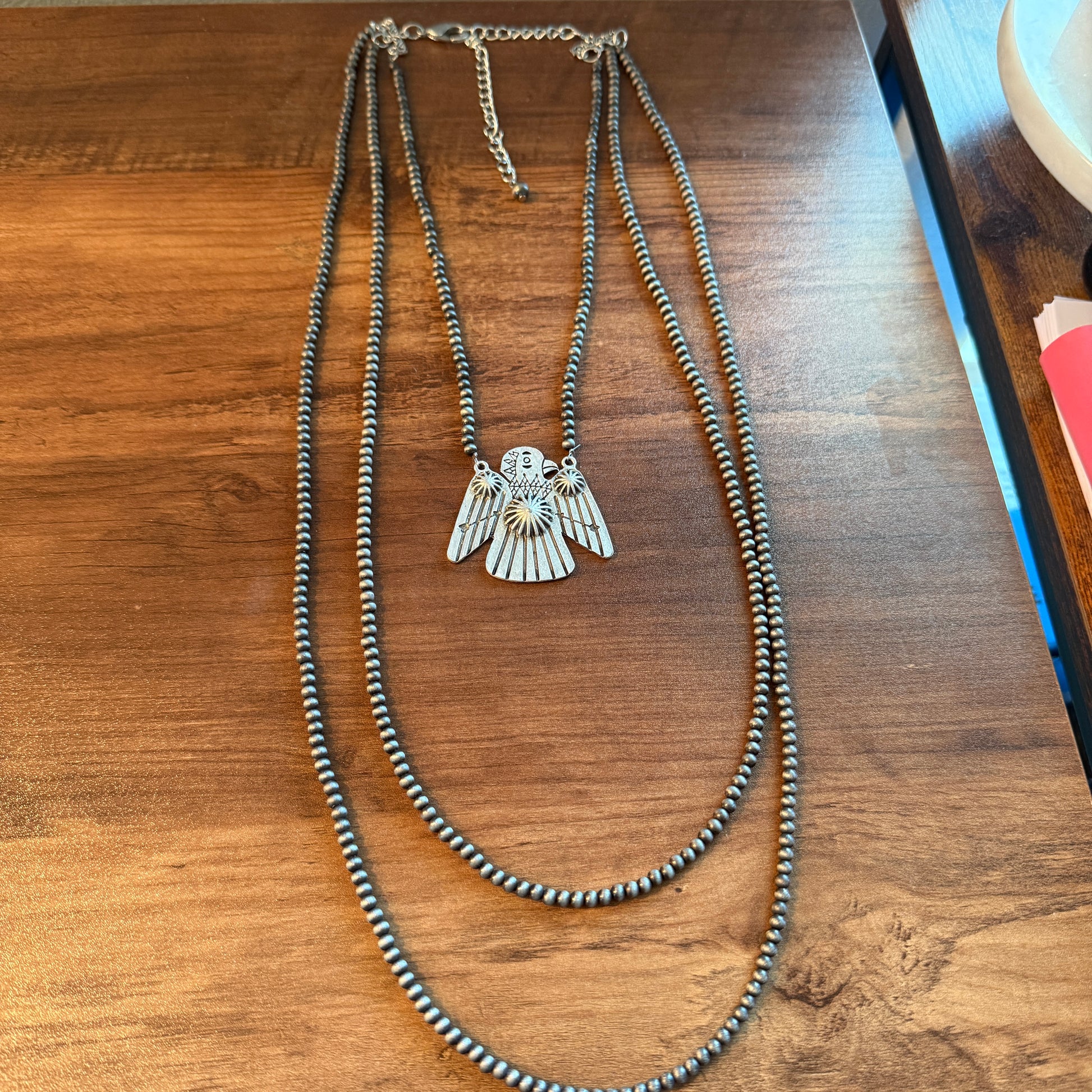 Handcrafted Thunderbird Pearl Bead Necklace Three Strand 4mm Silver Elegant