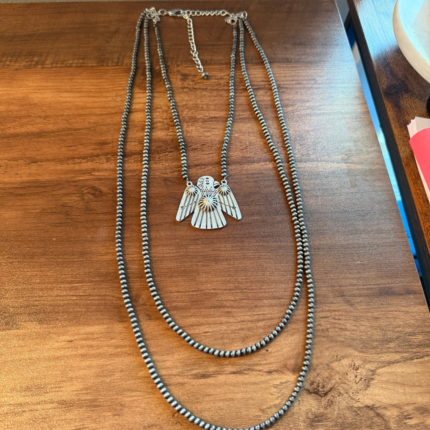 Handmade Thunderbird Necklace Three Strand 4mm Navajo Beads