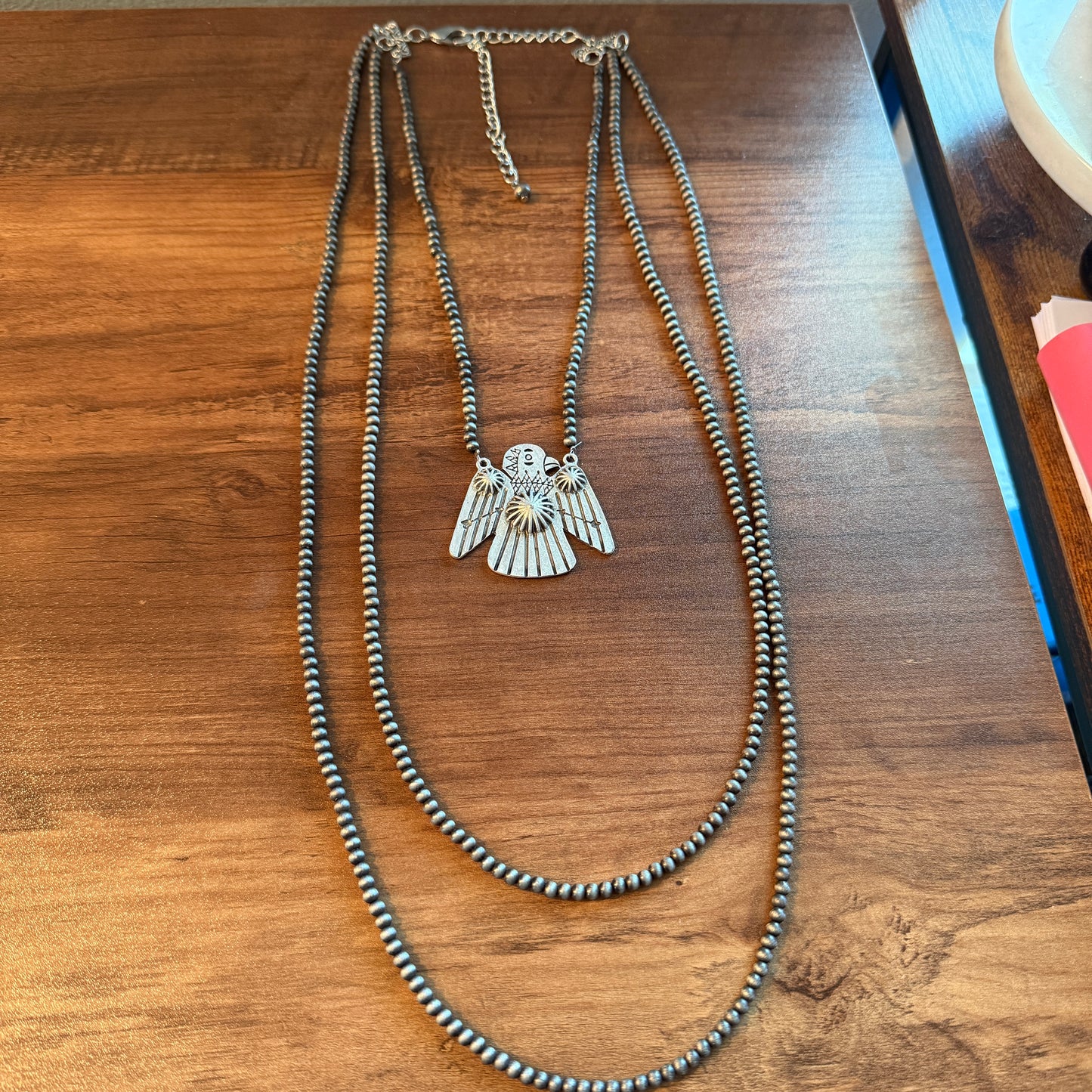 Handmade Thunderbird Necklace Three Strand 4mm Navajo Beads