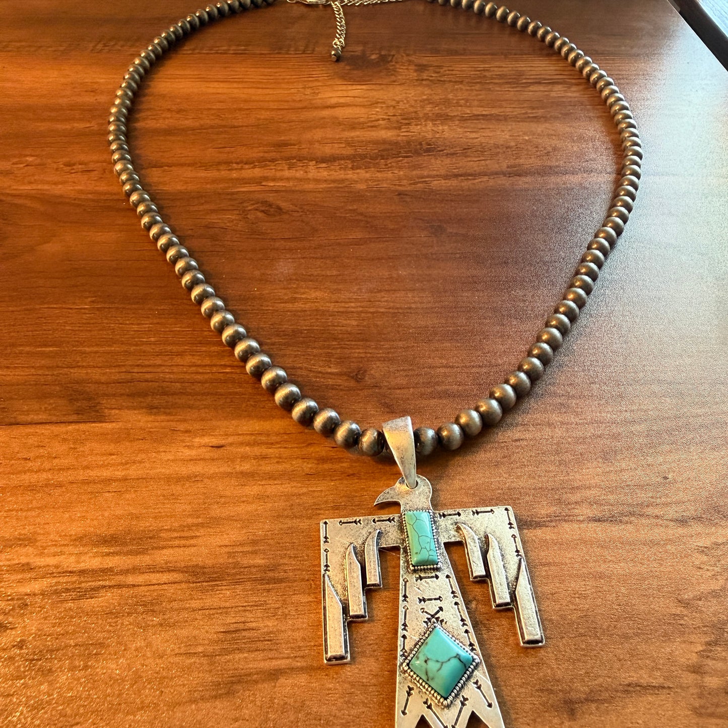 Handcrafted Thunderbird 6mm Pearl Bead Necklace 28 Inch Silver Elegant