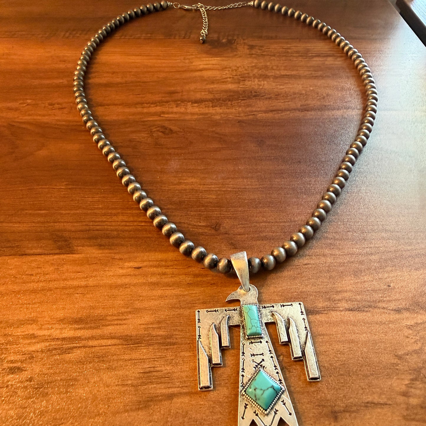 Handcrafted Thunderbird 6mm Pearl Bead Necklace 28 Inch Silver Elegant