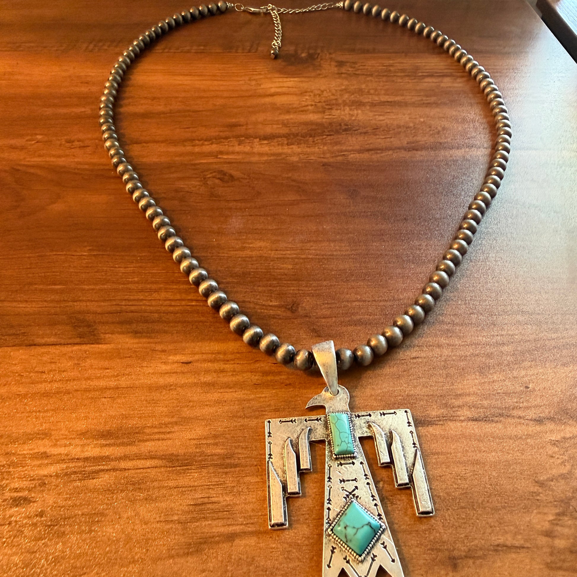 Handcrafted Thunderbird 6mm Pearl Bead Necklace 28 Inch Silver Elegant