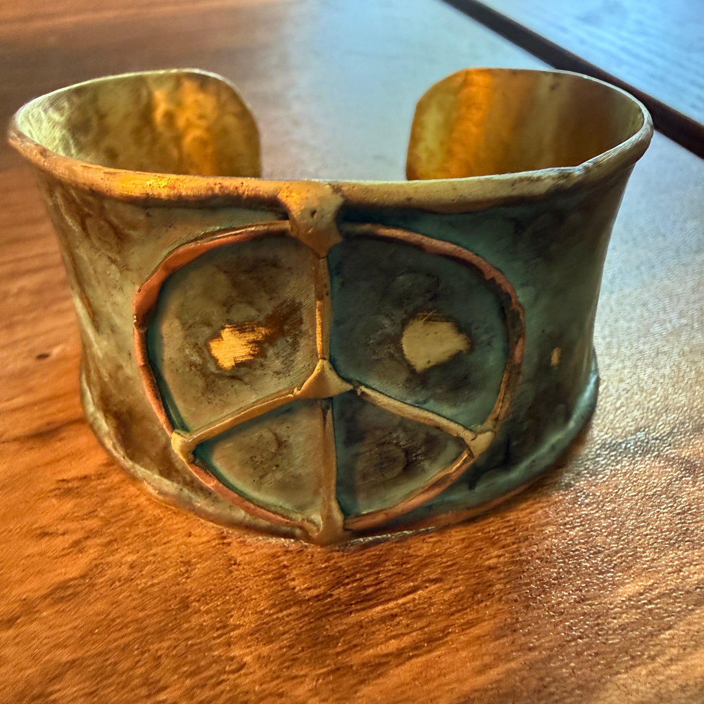Handcrafted Brass Patina Cuff Bracelet With Rustic Blue Peace Sign