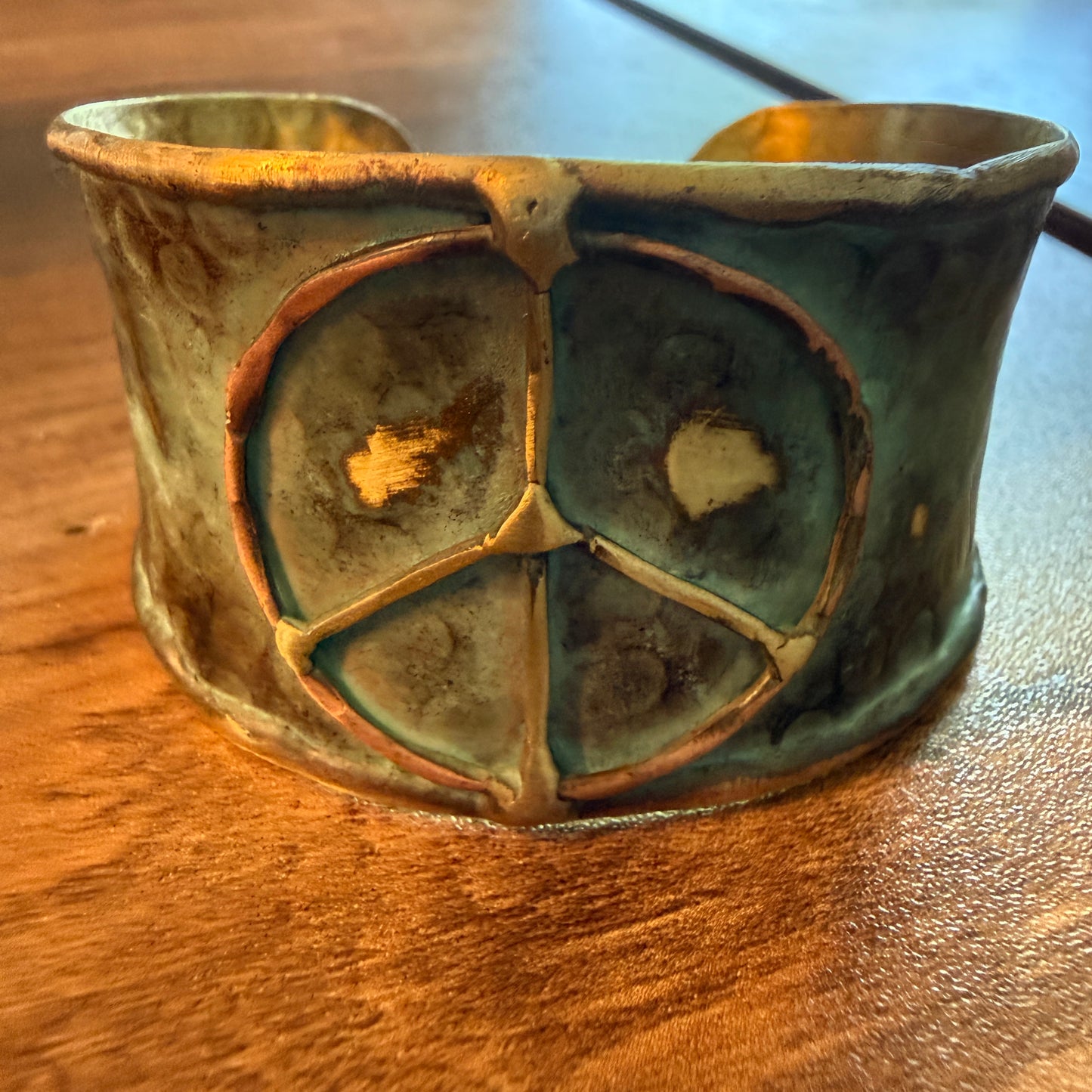 Handcrafted Brass Patina Cuff Bracelet With Rustic Blue Peace Sign