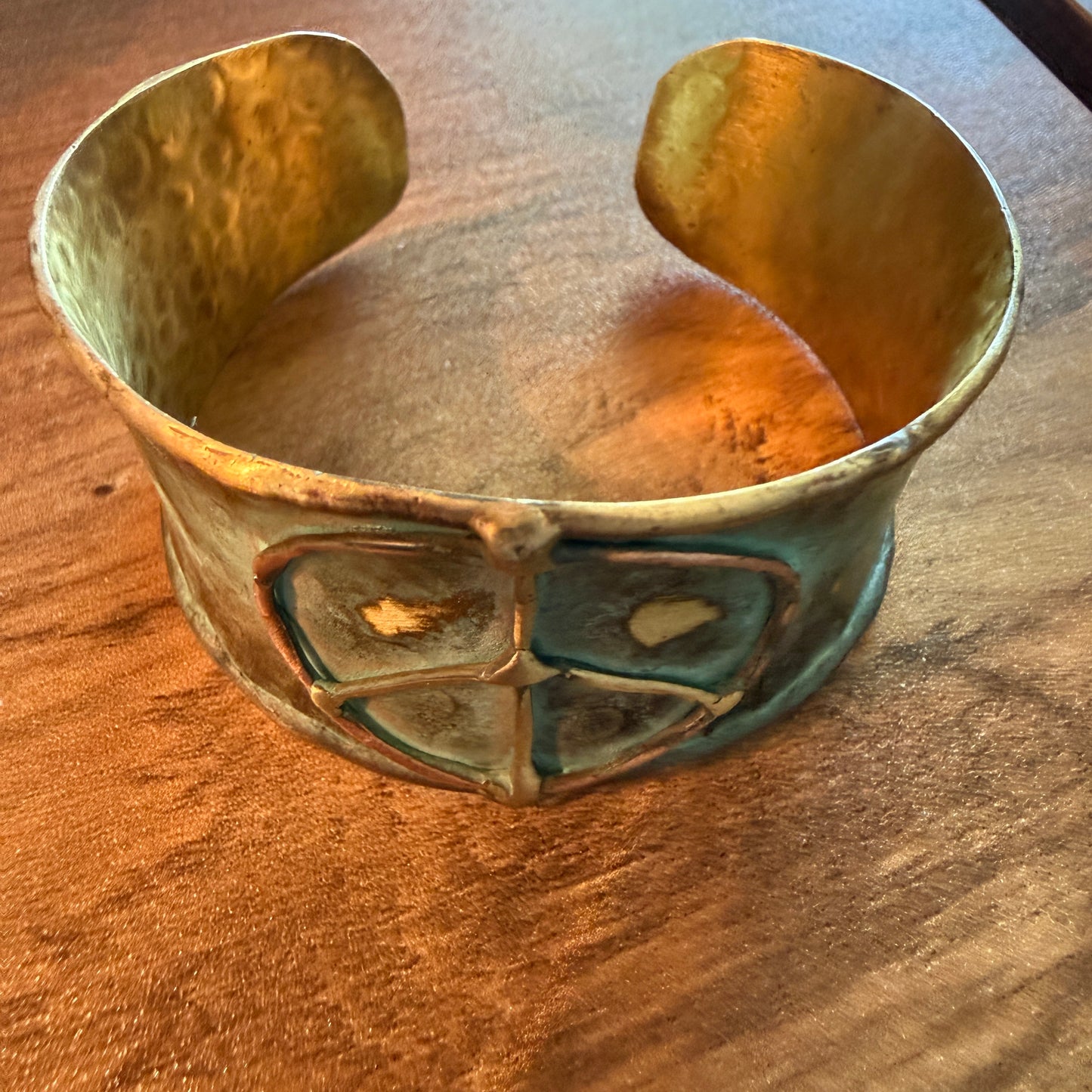 Handcrafted Brass Patina Cuff Bracelet With Rustic Blue Peace Sign