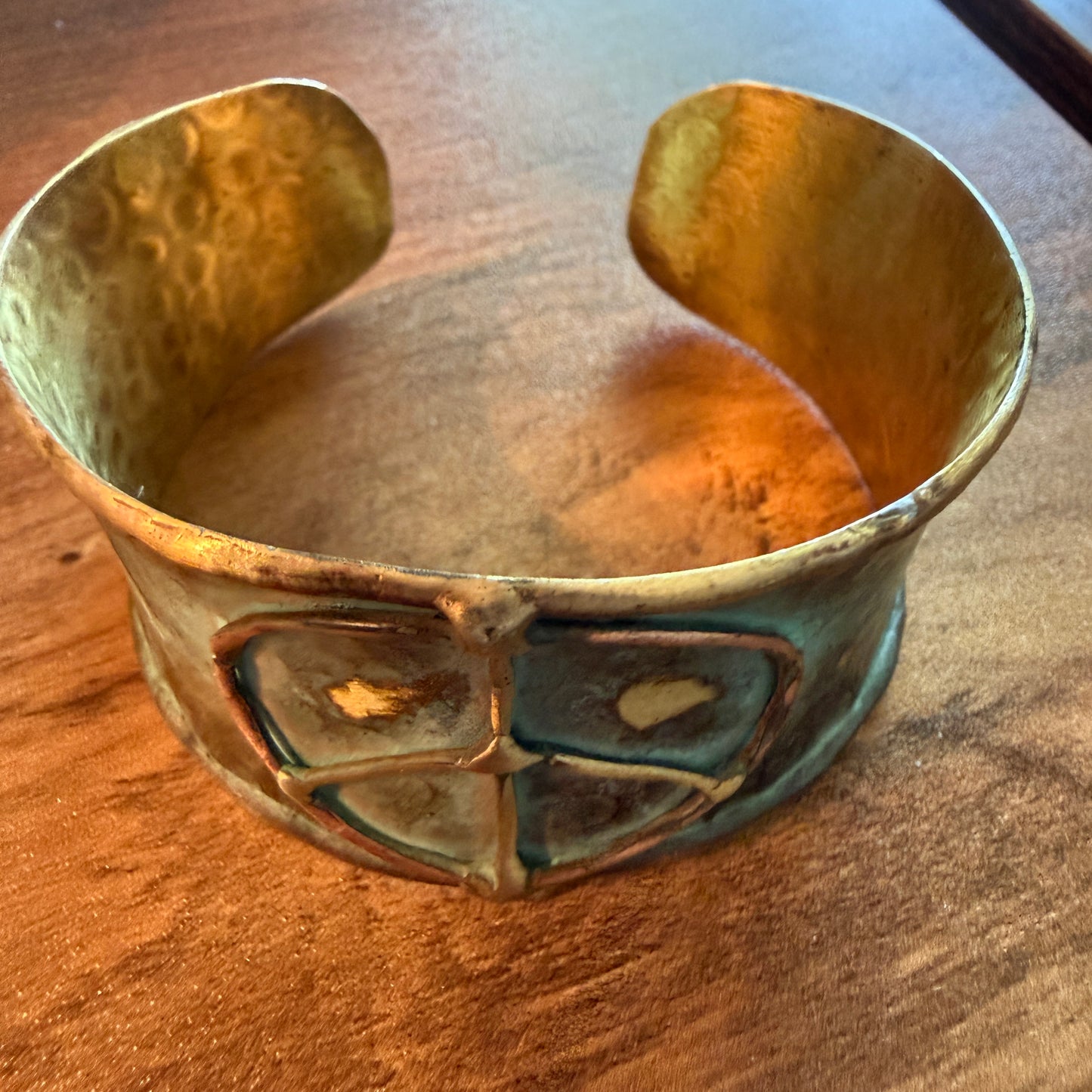 Handcrafted Brass Patina Cuff Bracelet With Rustic Blue Peace Sign