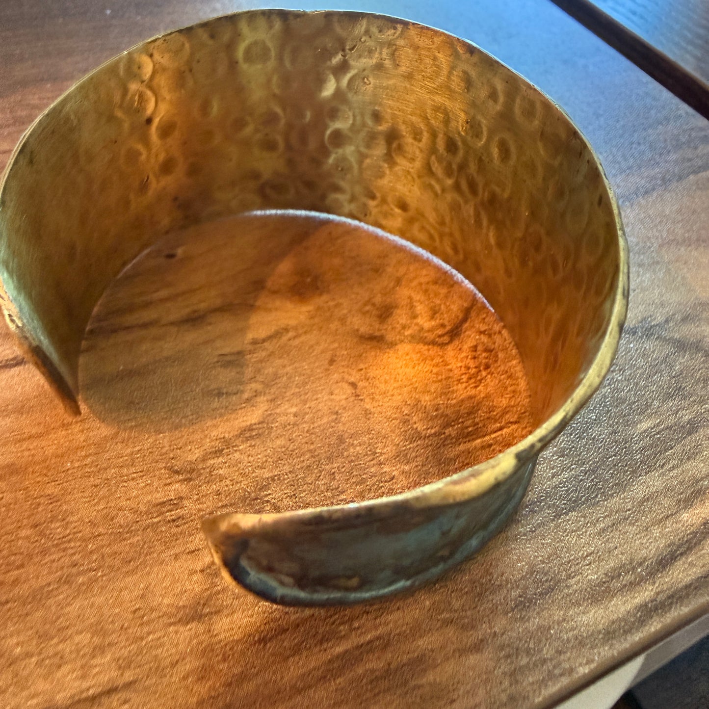 Handcrafted Brass Patina Cuff Bracelet With Rustic Blue Peace Sign