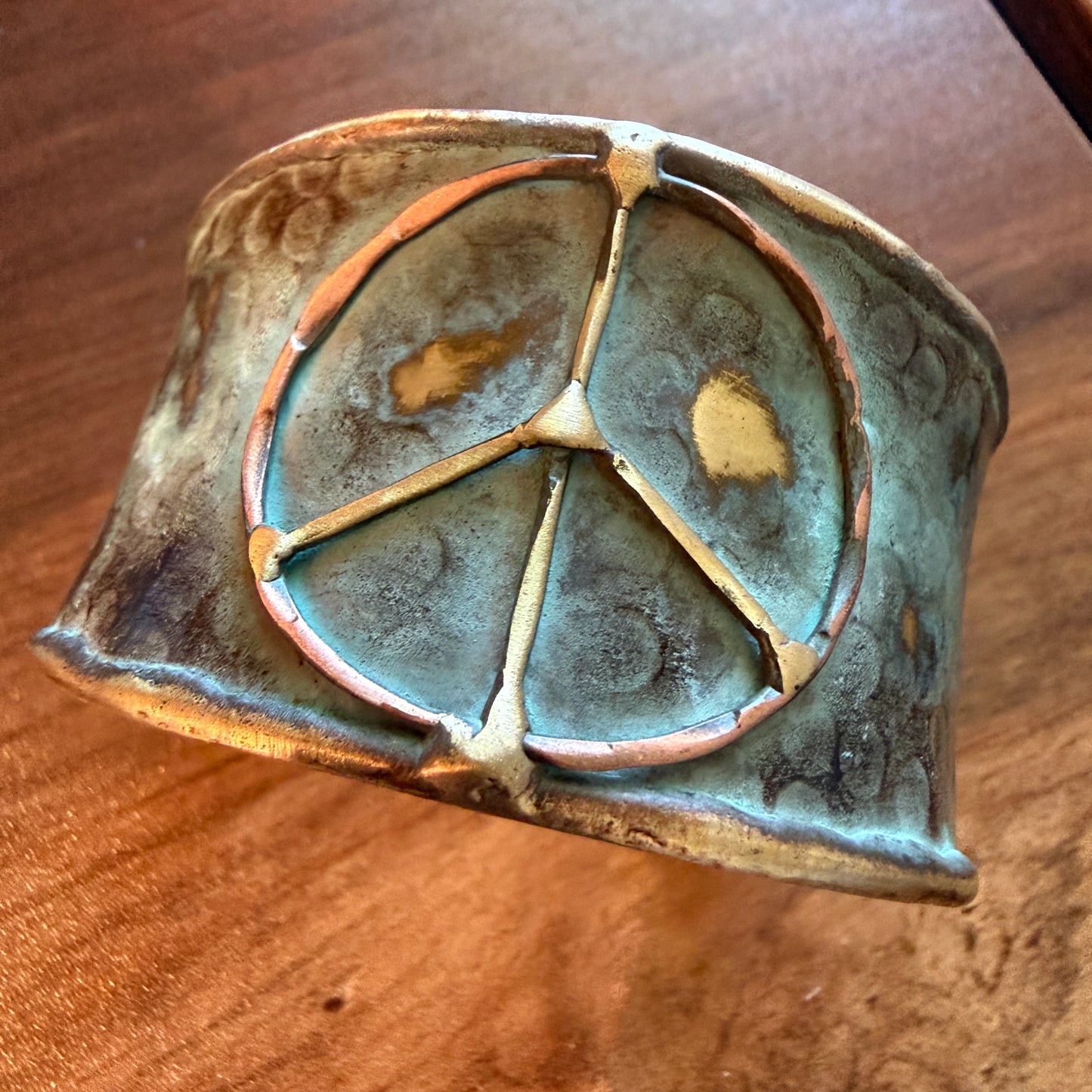 Handcrafted Brass Patina Cuff Bracelet With Rustic Blue Peace Sign