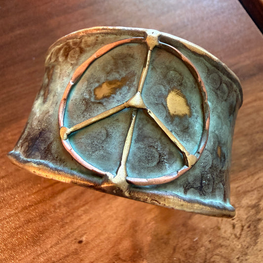 Handcrafted Brass Patina Cuff Bracelet With Rustic Blue Peace Sign