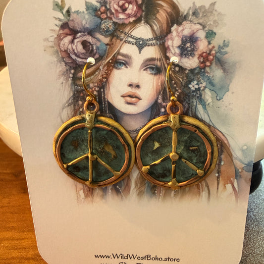 Handcrafted Verdigris Peace Sign Brass Patina Dangle Earrings