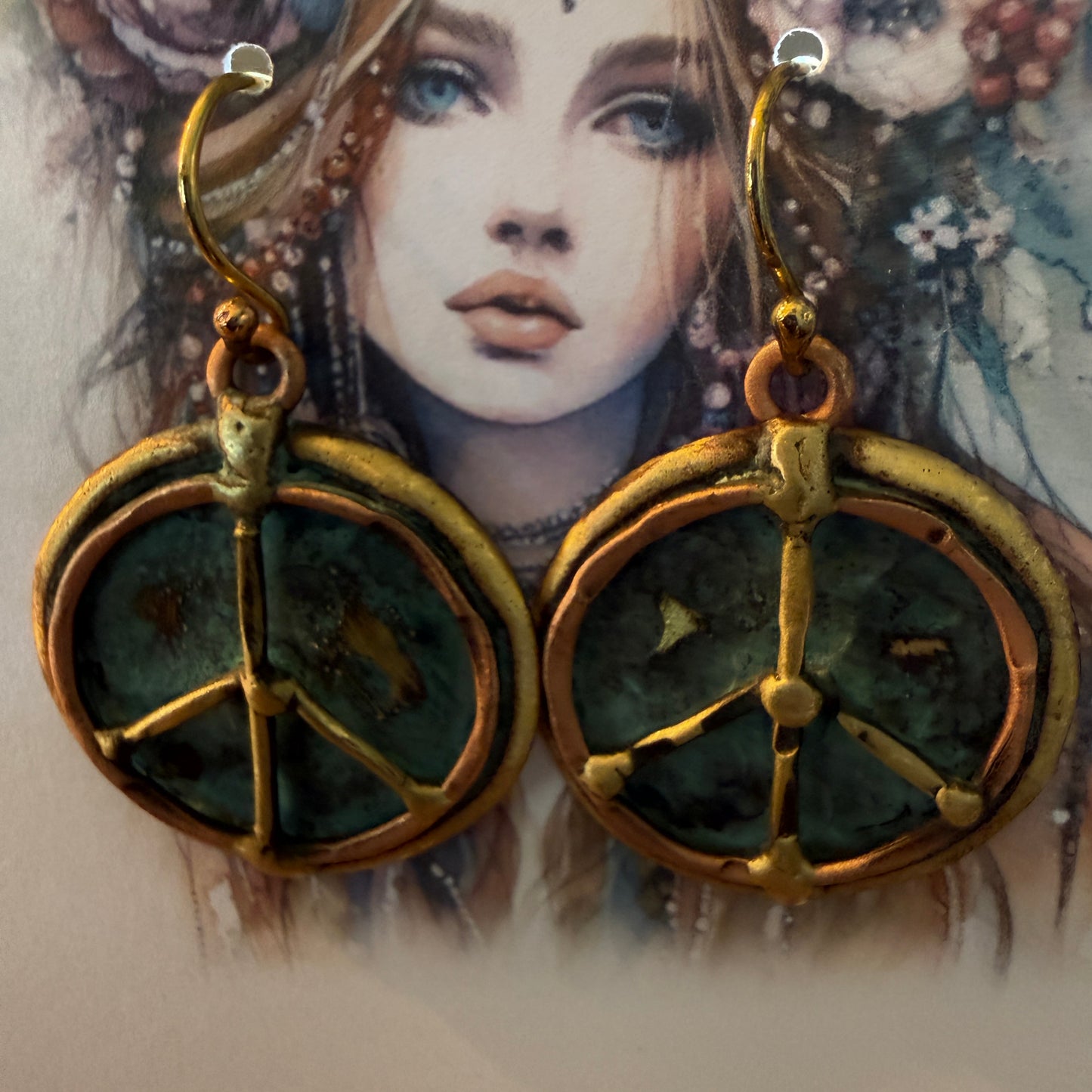 Handcrafted Verdigris Peace Sign Brass Patina Dangle Earrings