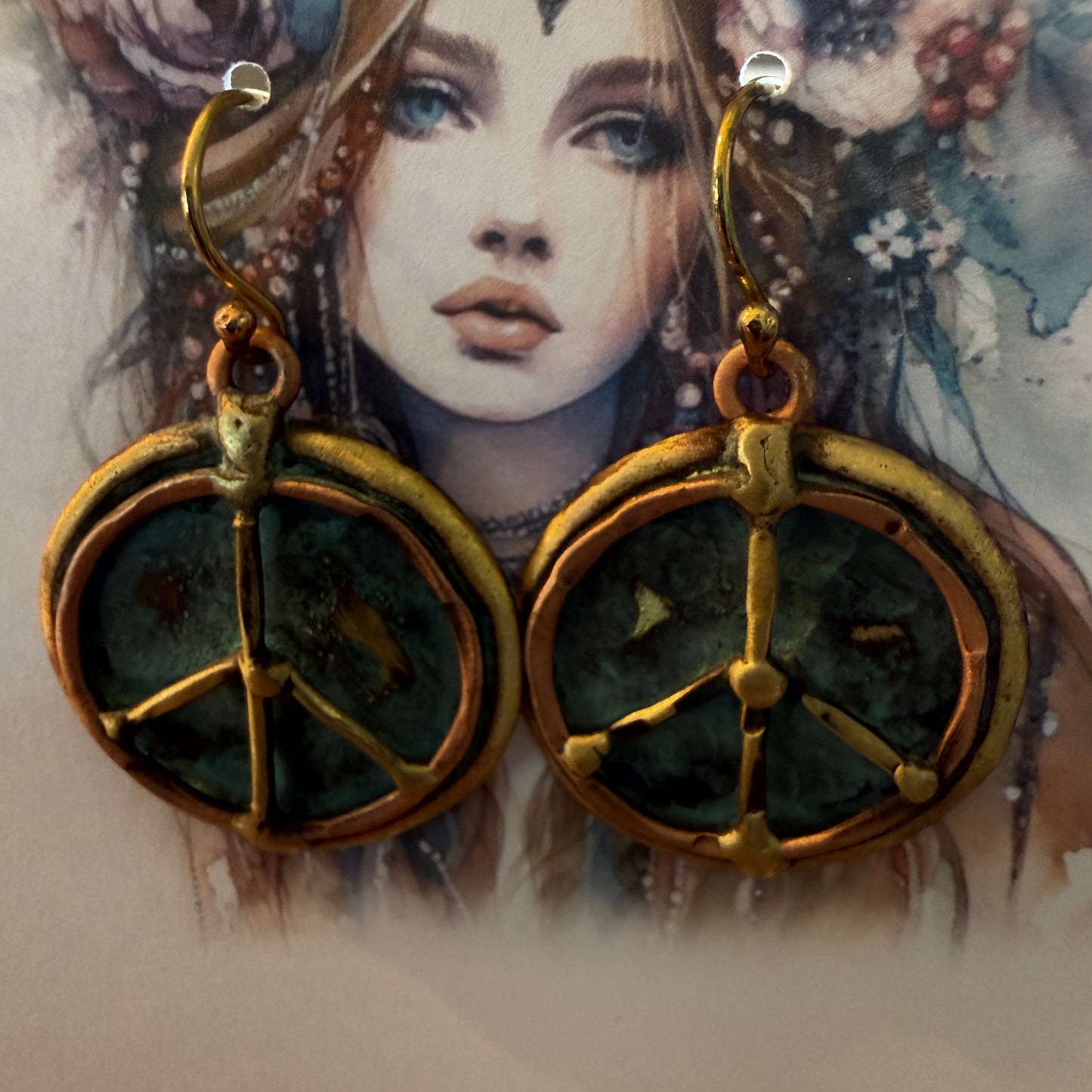 Handcrafted Verdigris Peace Sign Brass Patina Dangle Earrings