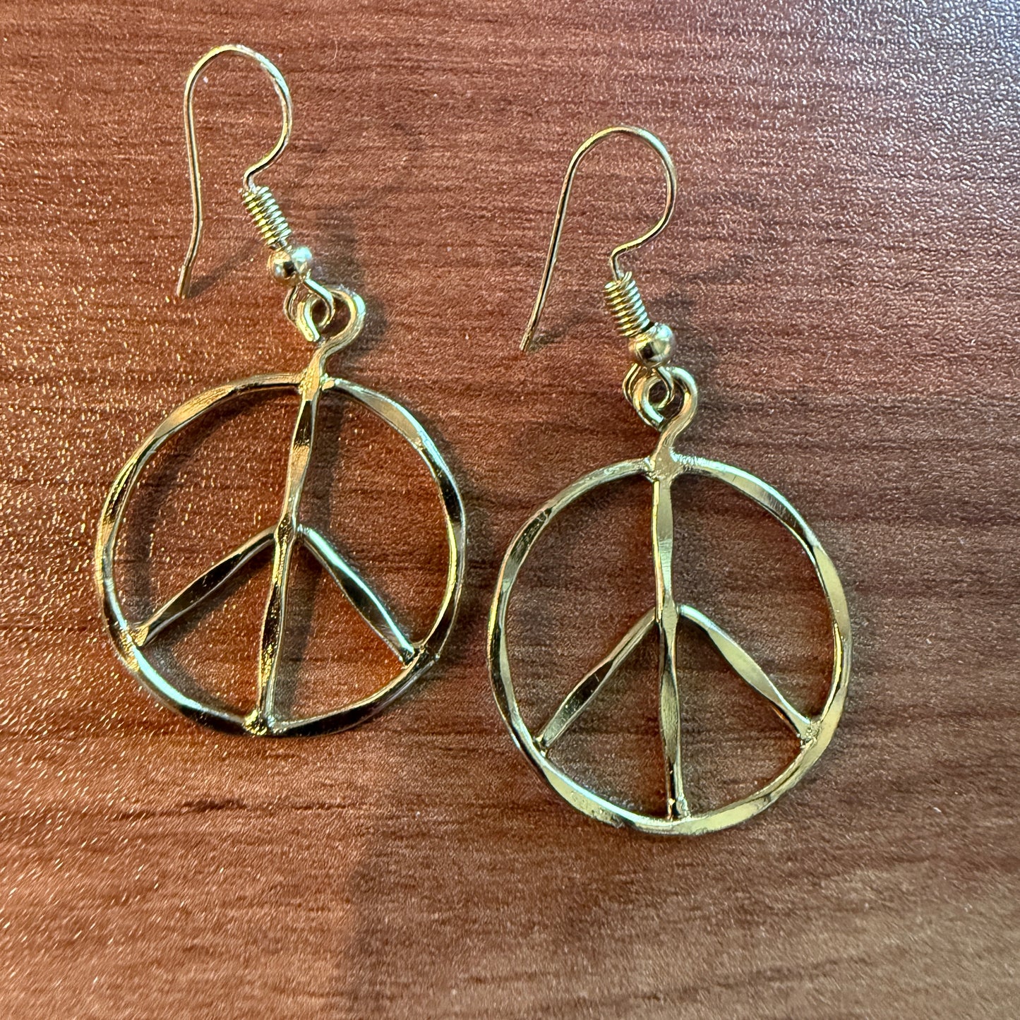 Handcrafted Hippie Gold Plated Peace Sign Wire Drop Earrings