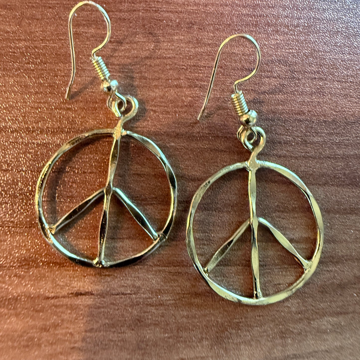 Handcrafted Hippie Gold Plated Peace Sign Wire Drop Earrings