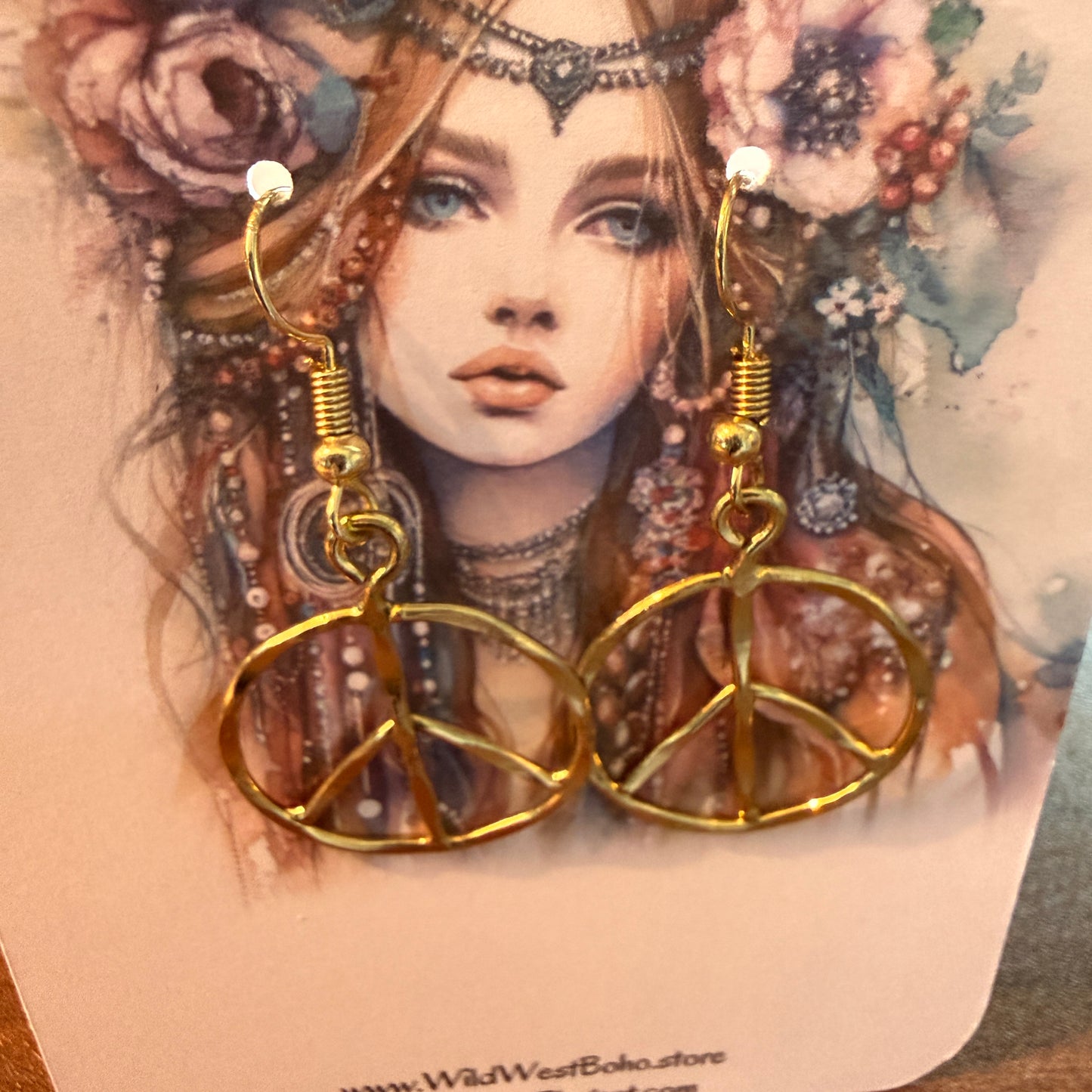 Handcrafted Hippie Gold Plated Peace Sign Wire Drop Earrings