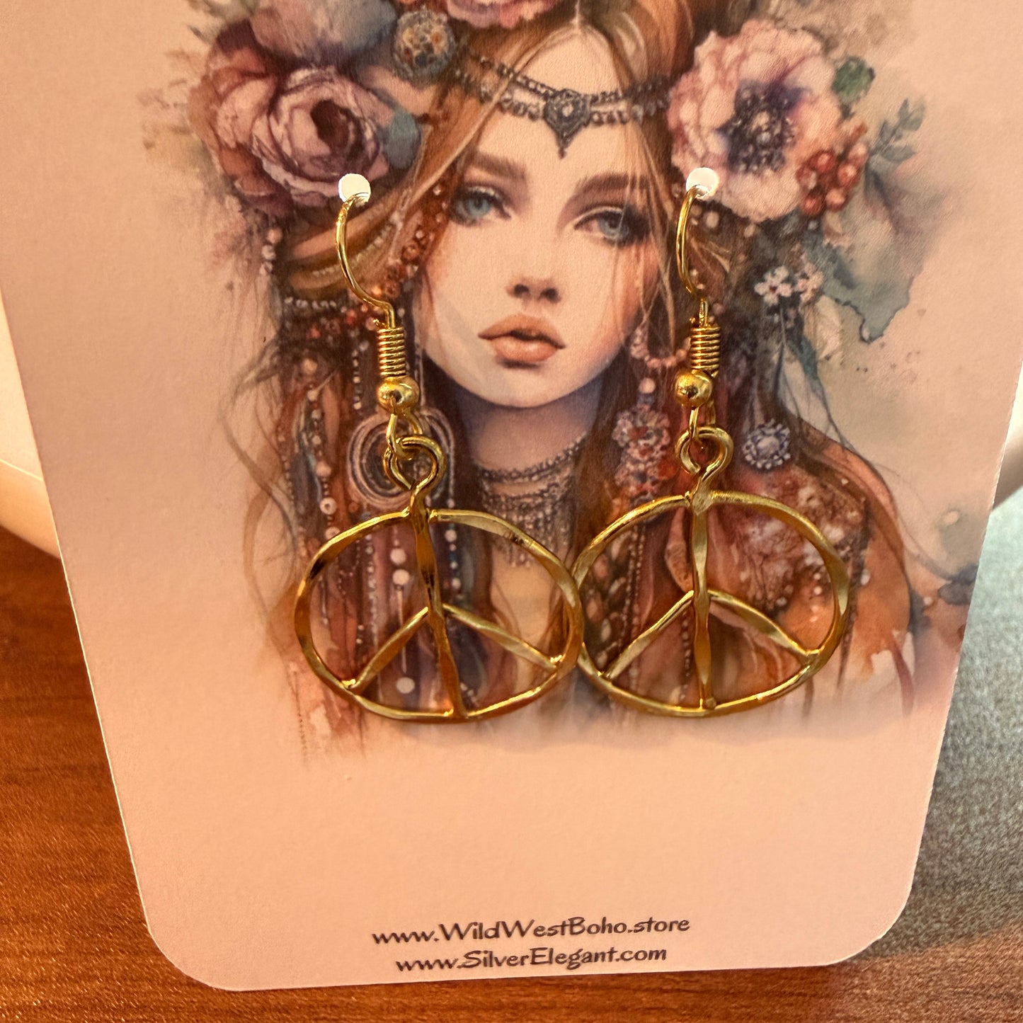 Handcrafted Hippie Gold Plated Peace Sign Wire Drop Earrings