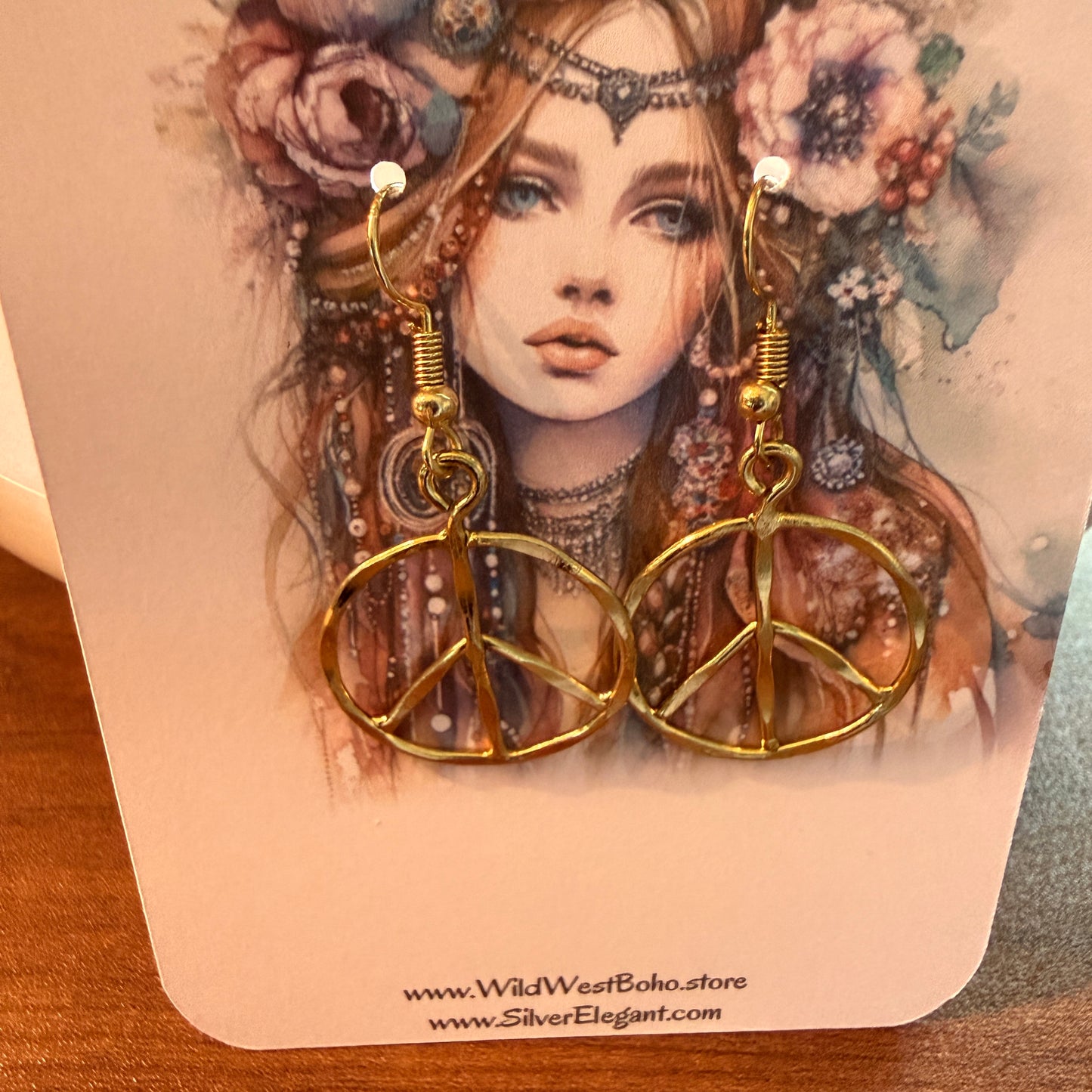 Handcrafted Hippie Gold Plated Peace Sign Wire Drop Earrings