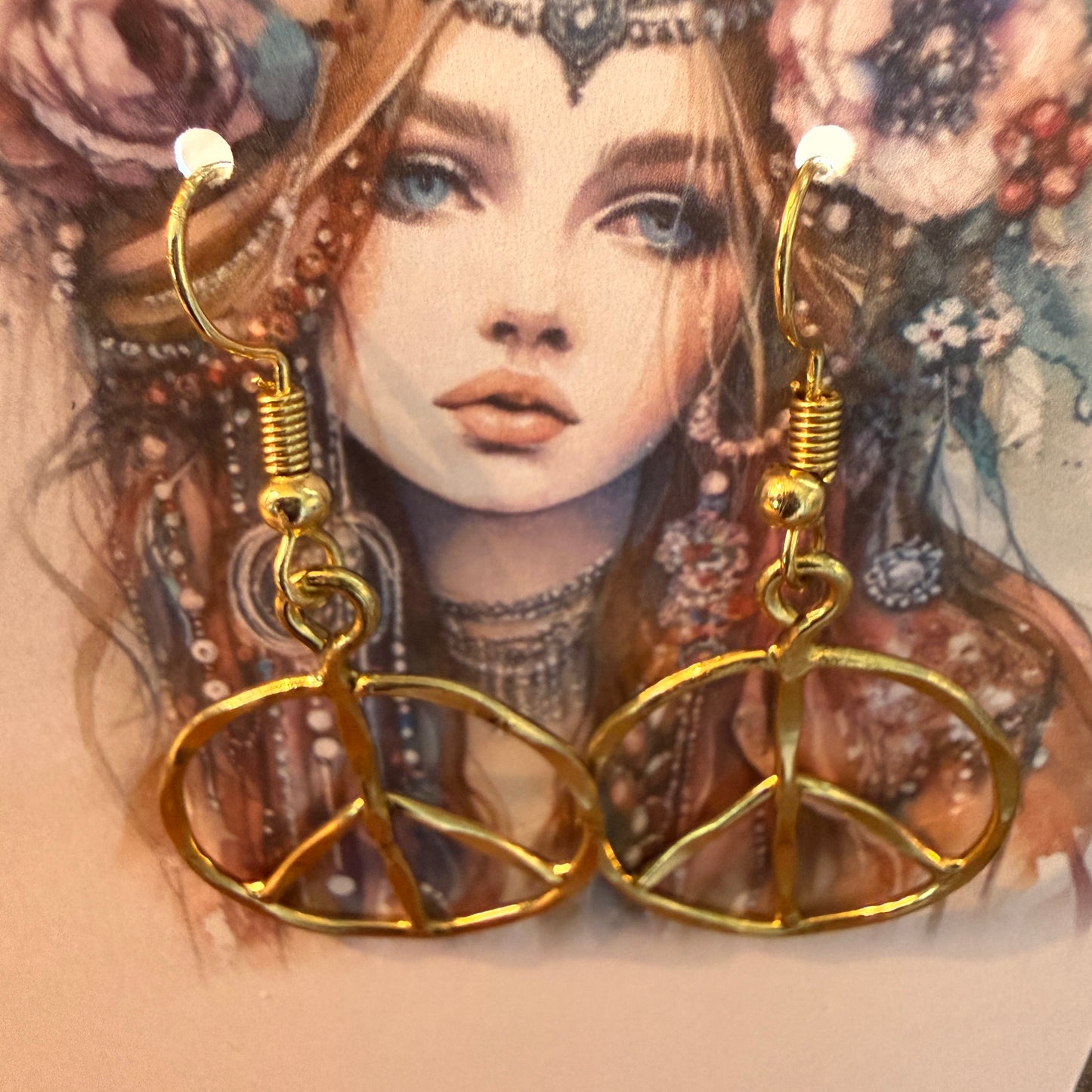 Handcrafted Hippie Gold Plated Peace Sign Wire Drop Earrings