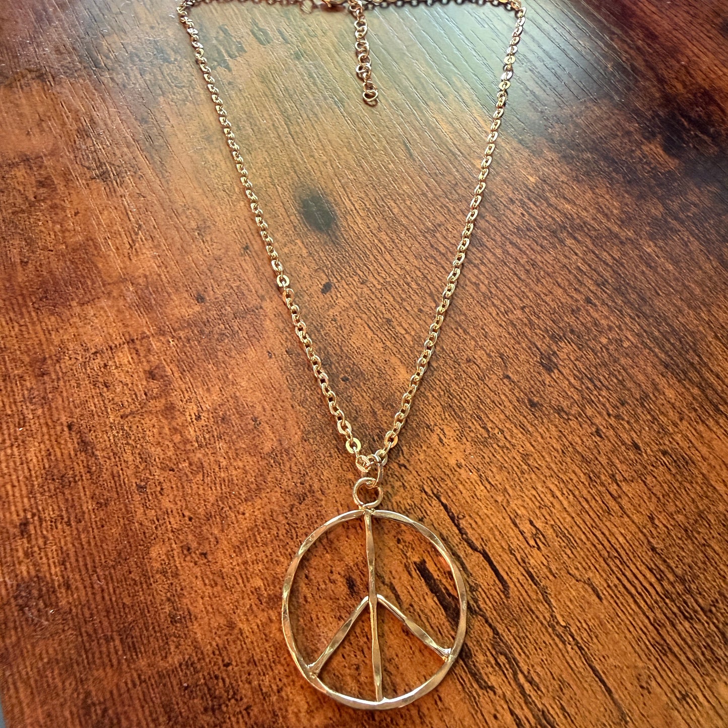 Handcrafted Hippie Peace Sign Necklace, Gold Plated , 18 Inch Chain Extender
