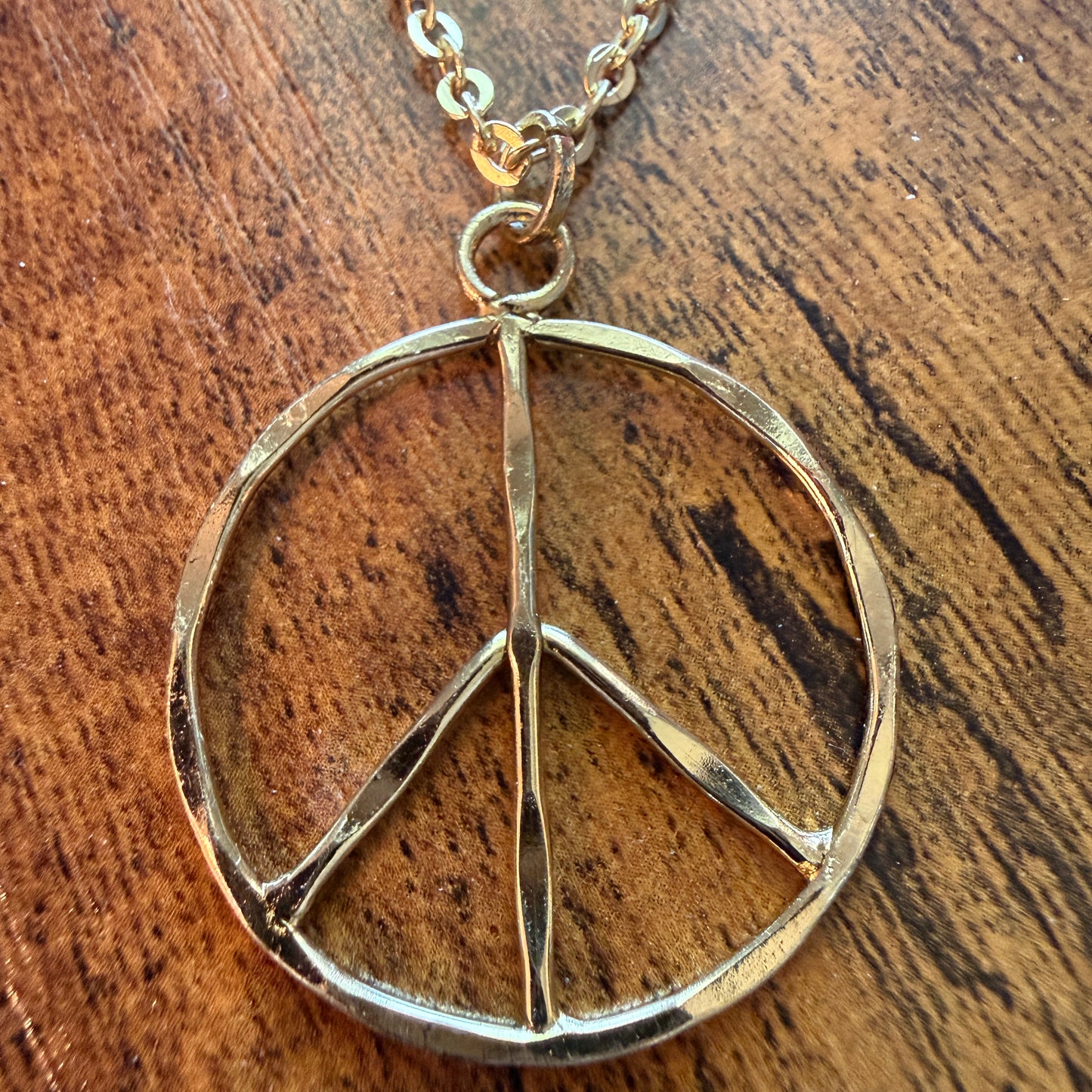 Handcrafted Hippie Peace Sign Necklace, Gold Plated , 18 Inch Chain Extender