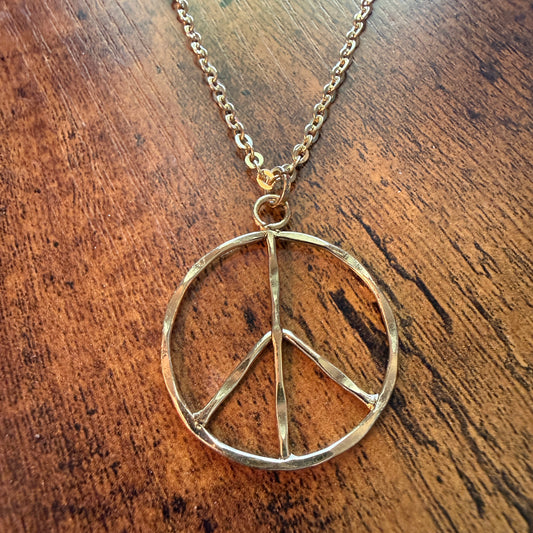 Handcrafted Hippie Peace Sign Necklace, Gold Plated , 18 Inch Chain Extender