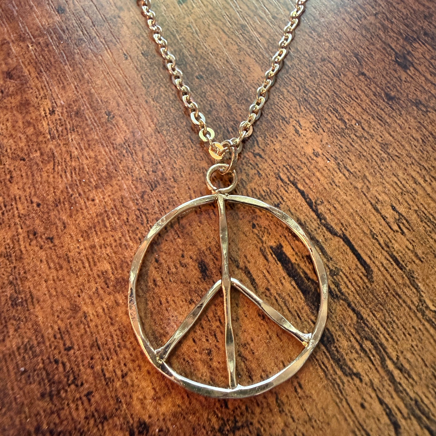 Handcrafted Hippie Peace Sign Necklace, Gold Plated , 18 Inch Chain Extender