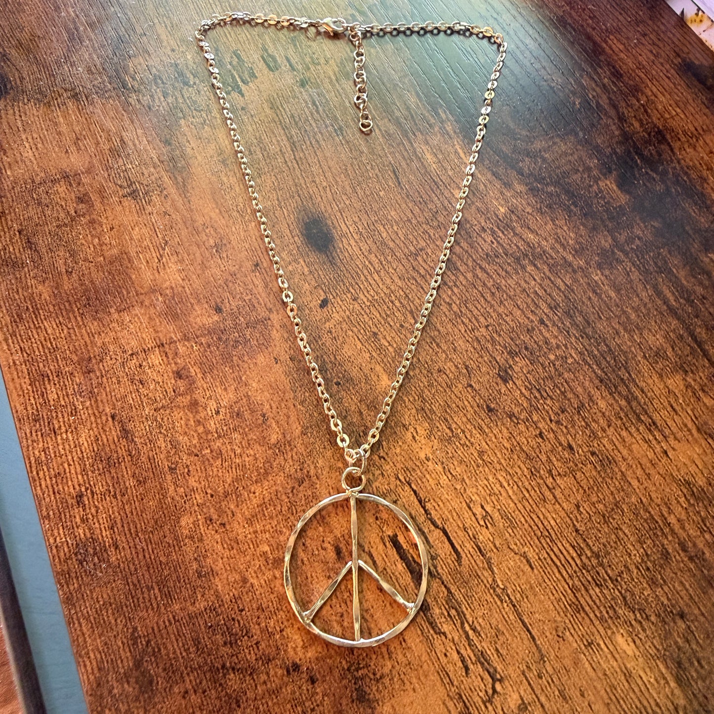 Handcrafted Hippie Peace Sign Necklace, Gold Plated , 18 Inch Chain Extender