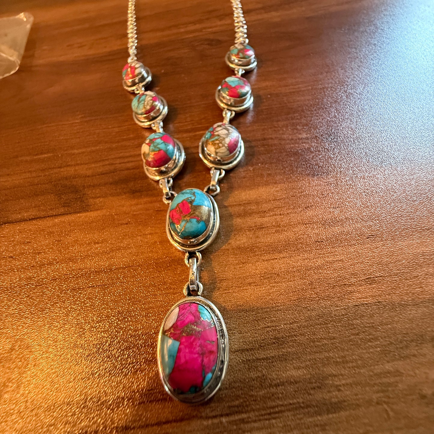 Cotton Candy Dahlia Necklace Spiny Turquoise Gemstone In Sterling Silver 18 Inch