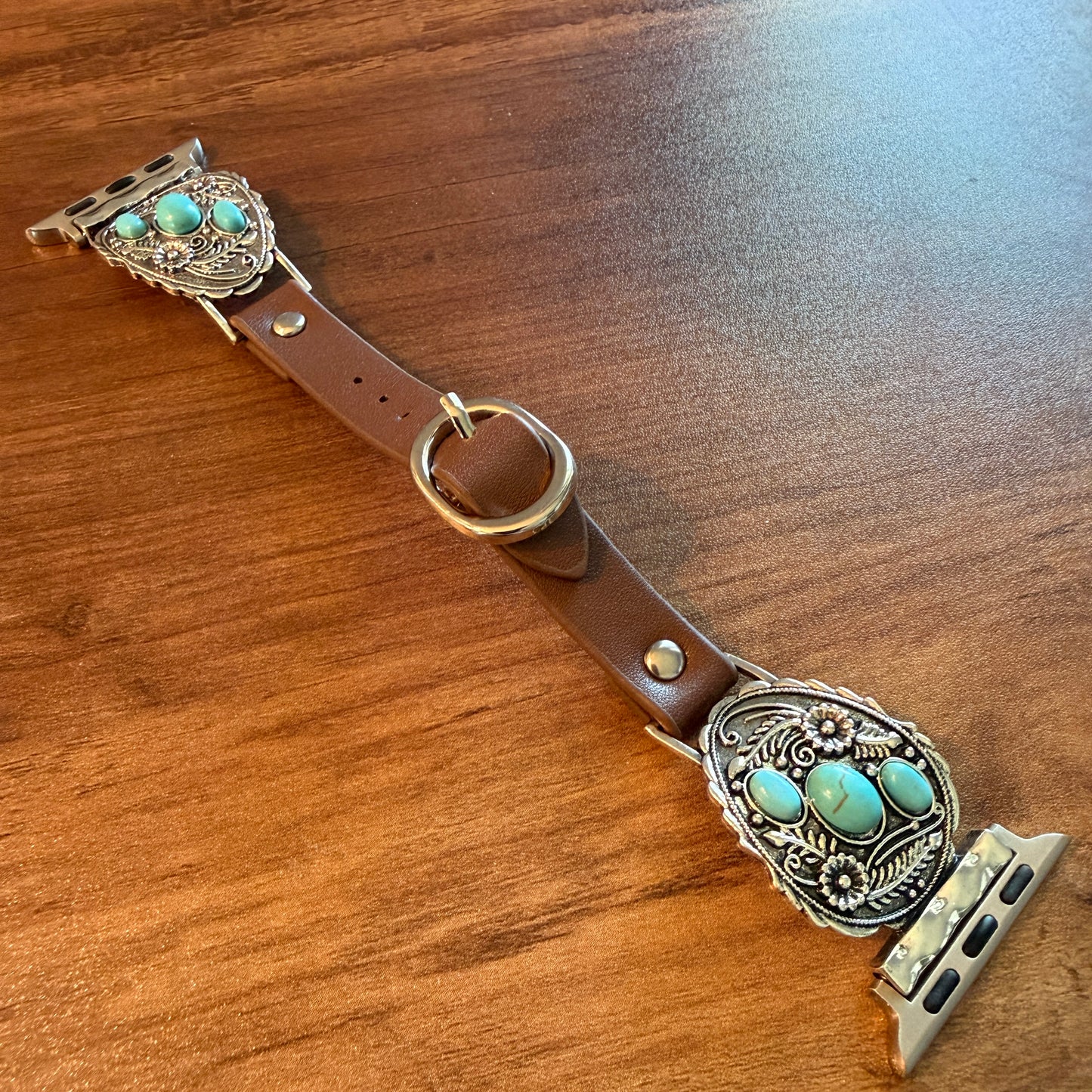 Handcrafted Cowgirl Apple Watch Band Turquoise Floral Brown Leather 38 to 40mm