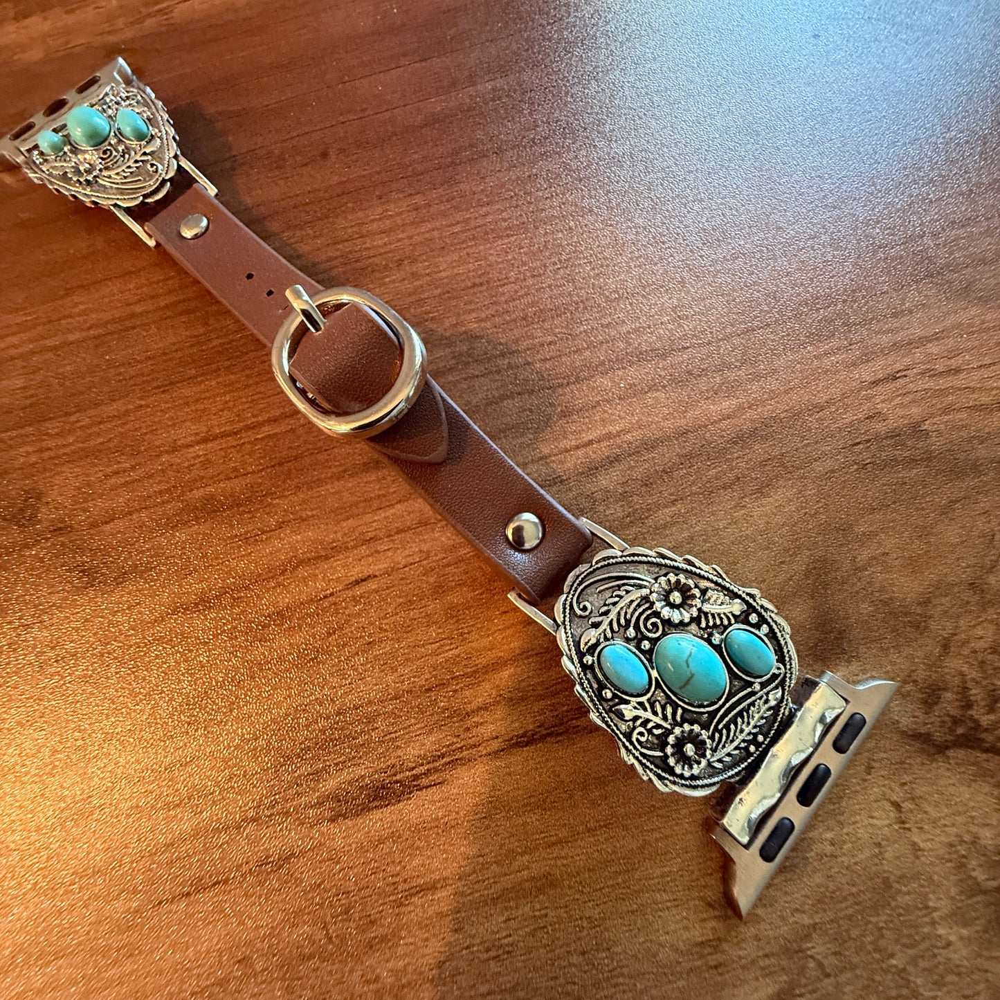 Handcrafted Cowgirl Apple Watch Band Turquoise Floral Brown Leather 38 to 40mm