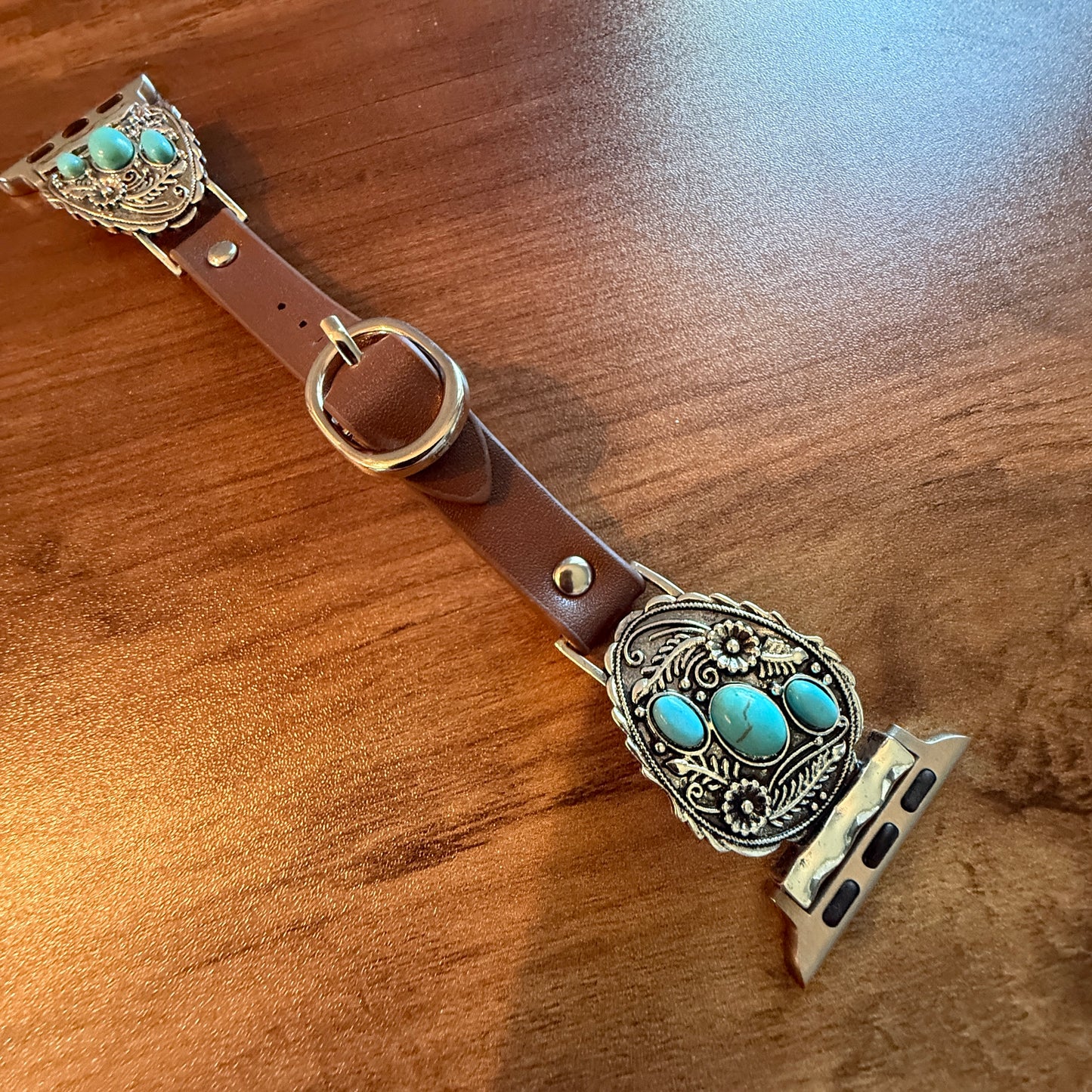 Handcrafted Cowgirl Apple Watch Band Turquoise Floral Brown Leather 38 to 40mm
