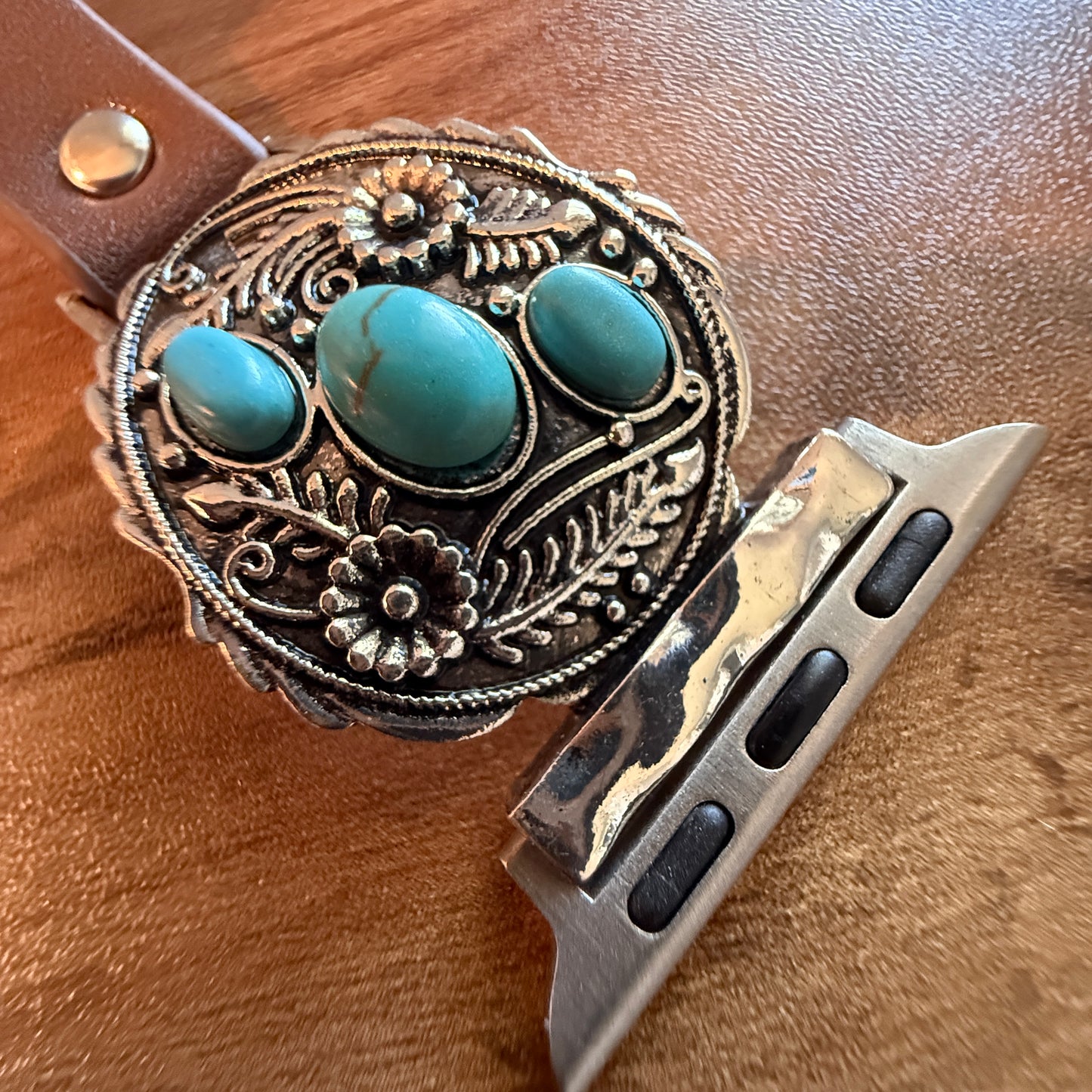 Handcrafted Cowgirl Apple Watch Band Turquoise Floral Brown Leather 38 to 40mm