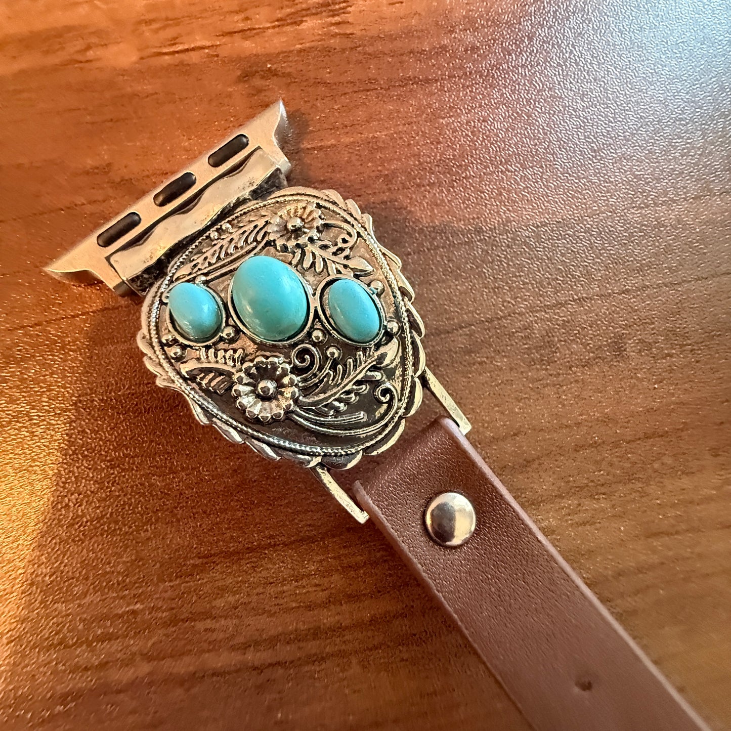 Handcrafted Cowgirl Apple Watch Band Turquoise Floral Brown Leather 38 to 40mm
