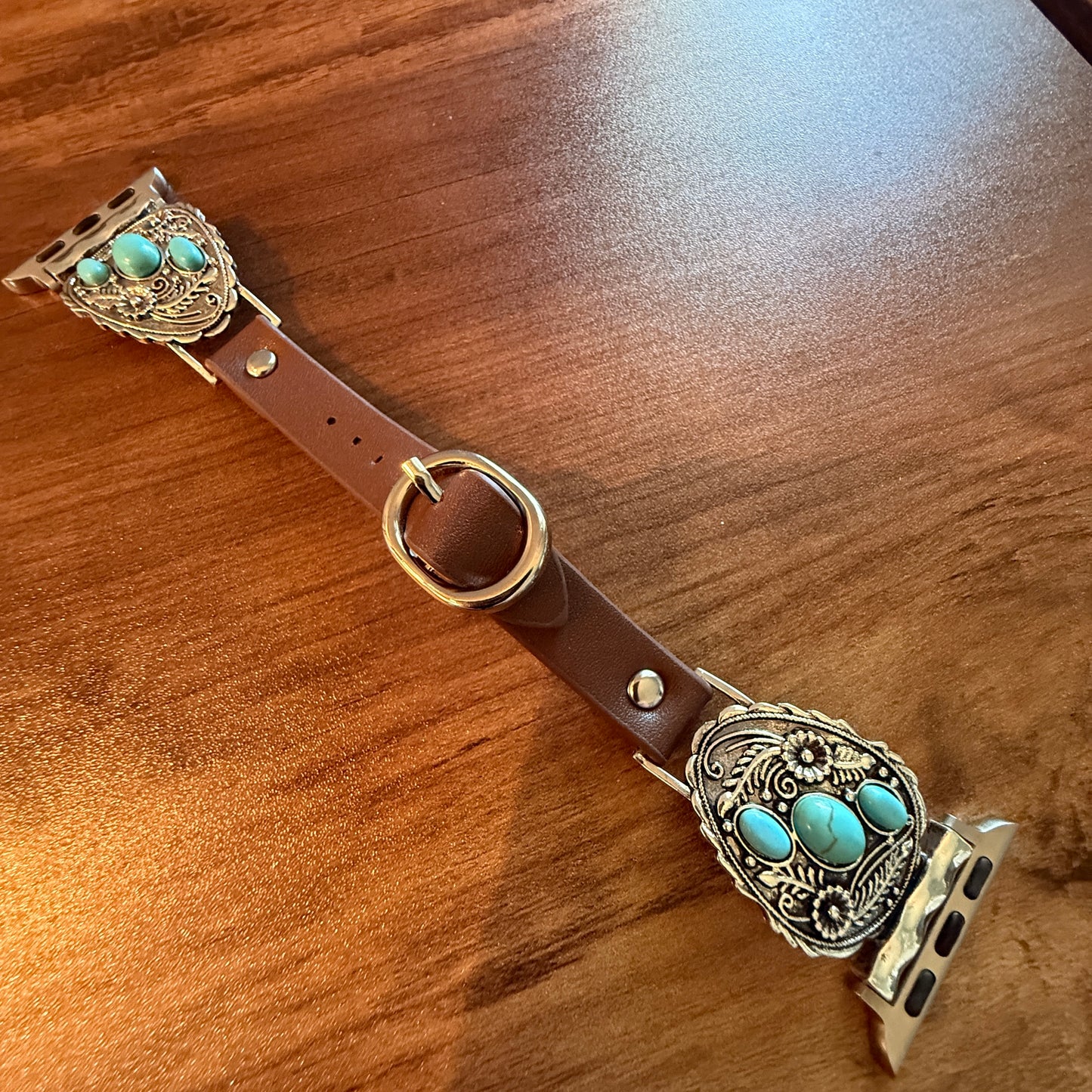 Handcrafted Cowgirl Apple Watch Band Turquoise Floral Brown Leather 38 to 40mm