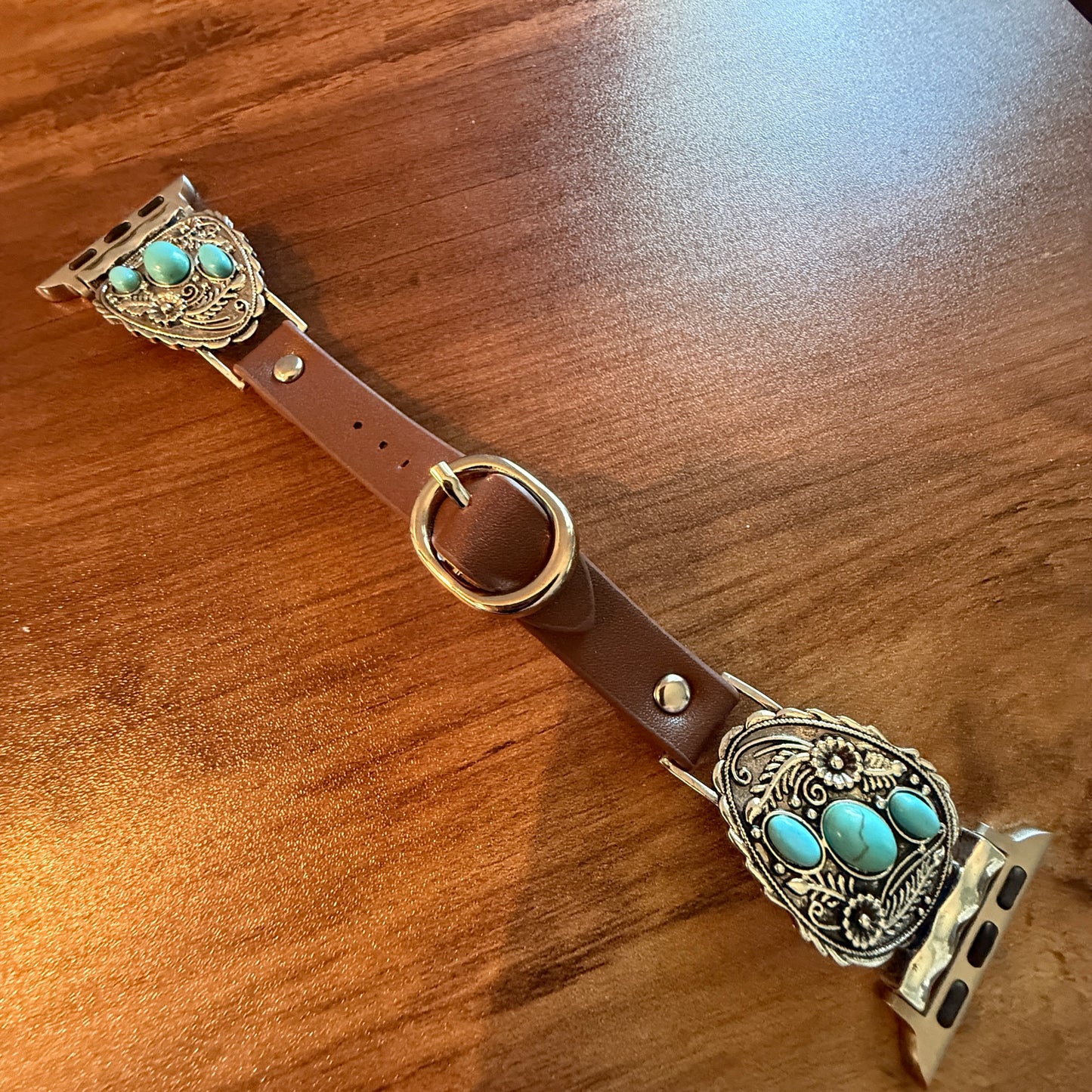 Handcrafted Cowgirl Apple Watch Band Turquoise Floral Brown Leather 38 to 40mm